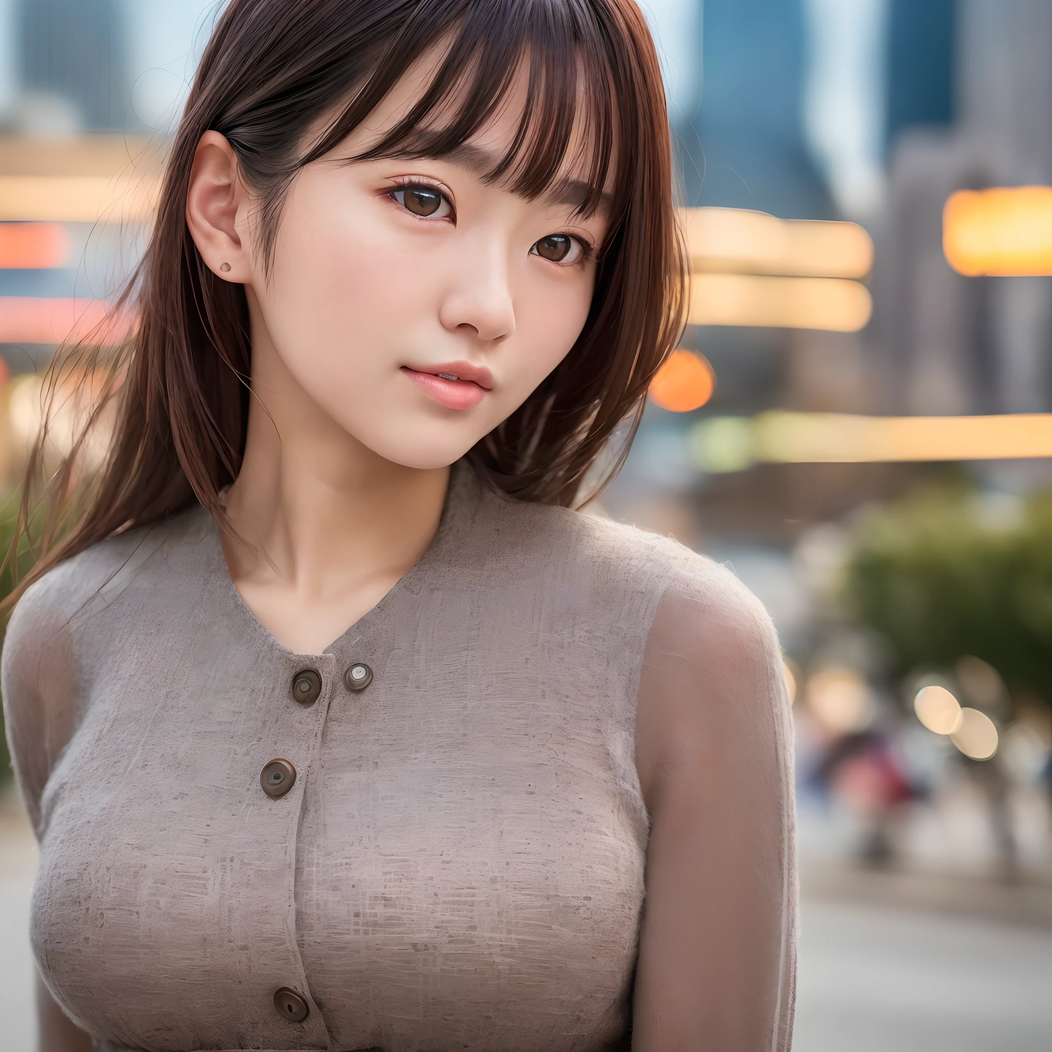 masterpiece, best quality, 4k, 8k, ultra highres, realistic, (photorealistic, RAW photo, sharp focus:1.4), highly detailed, detailed face, detailed background, beautiful 18 year old japanese woman, outdoors, city, city background, grey plaid dress, upper body