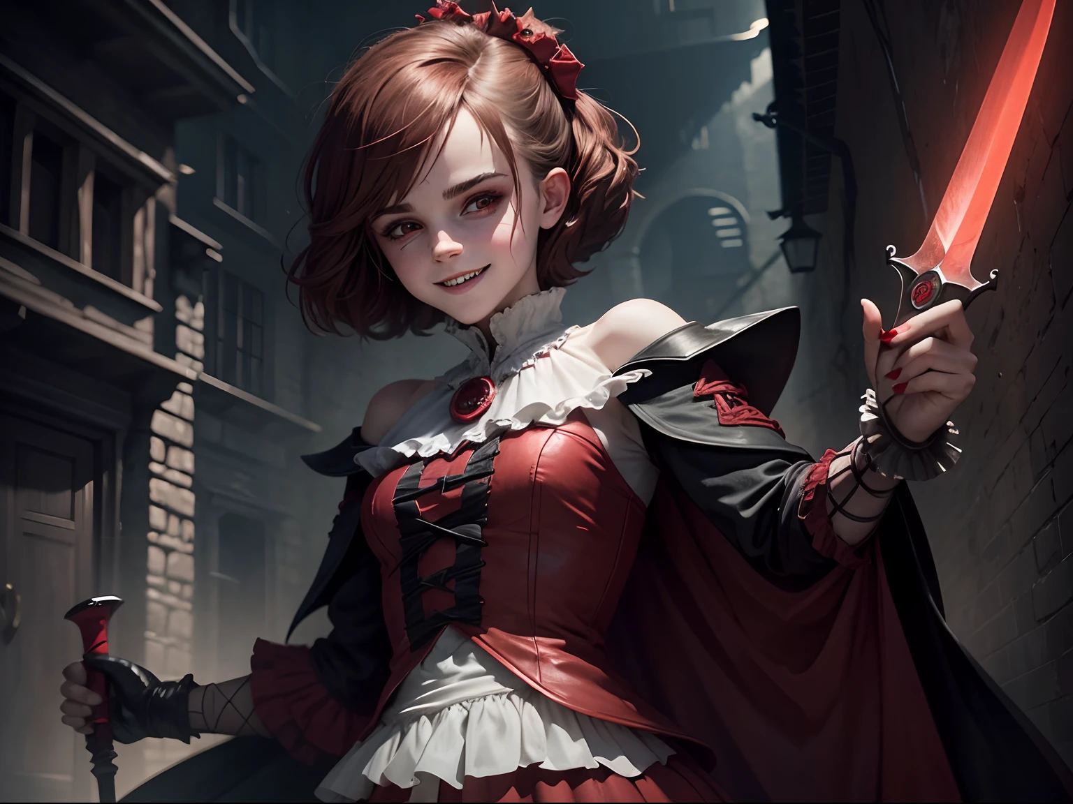 teen Emma Watson as a creepy sinister devilish clown with a demonic smile and long sharp teeth. red eyes. holding a curved blade. dark alley background.