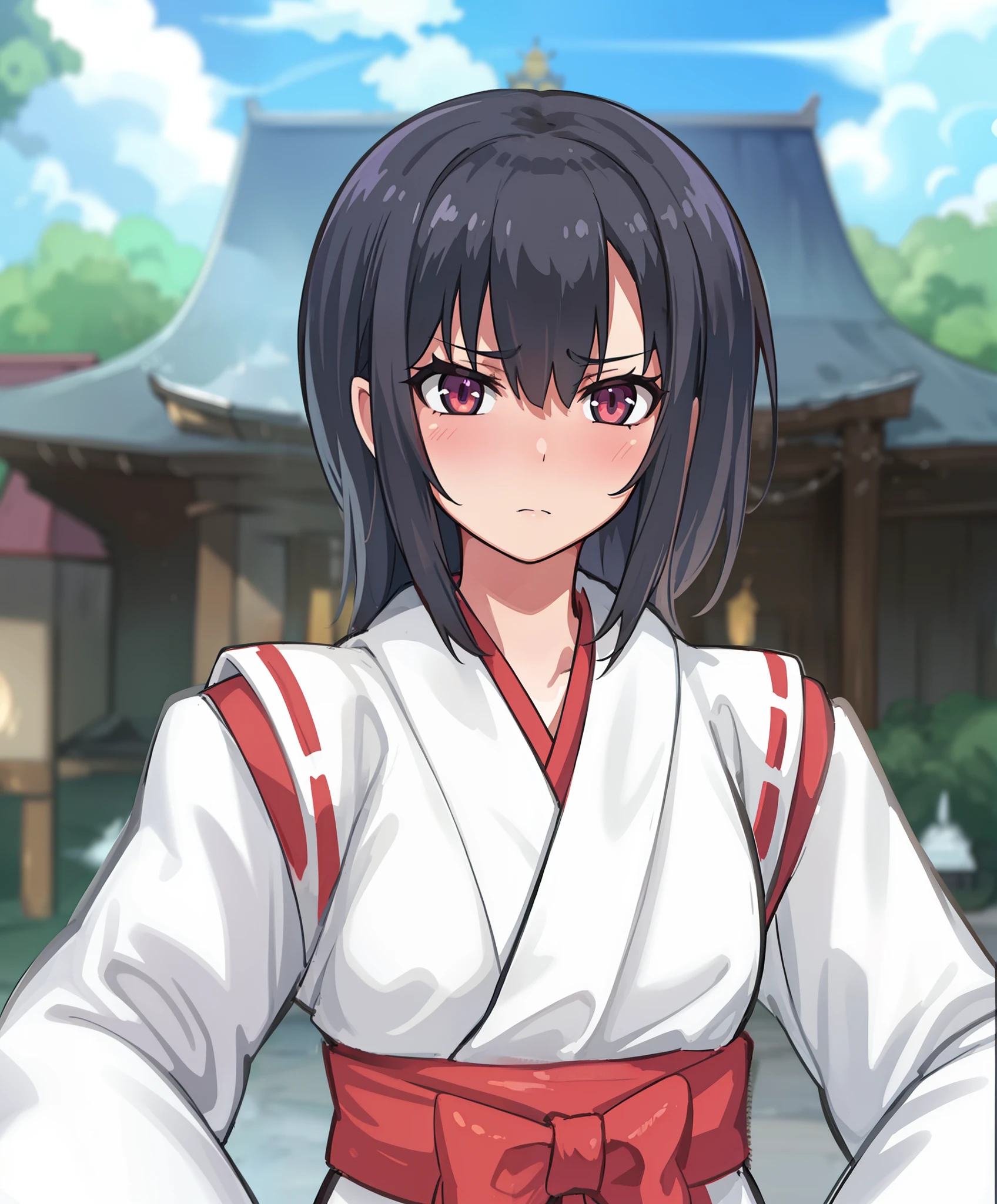 A  girl. miko. Priestess's robe. dark colored hair. brown eye. Sullen face. Temple in the background