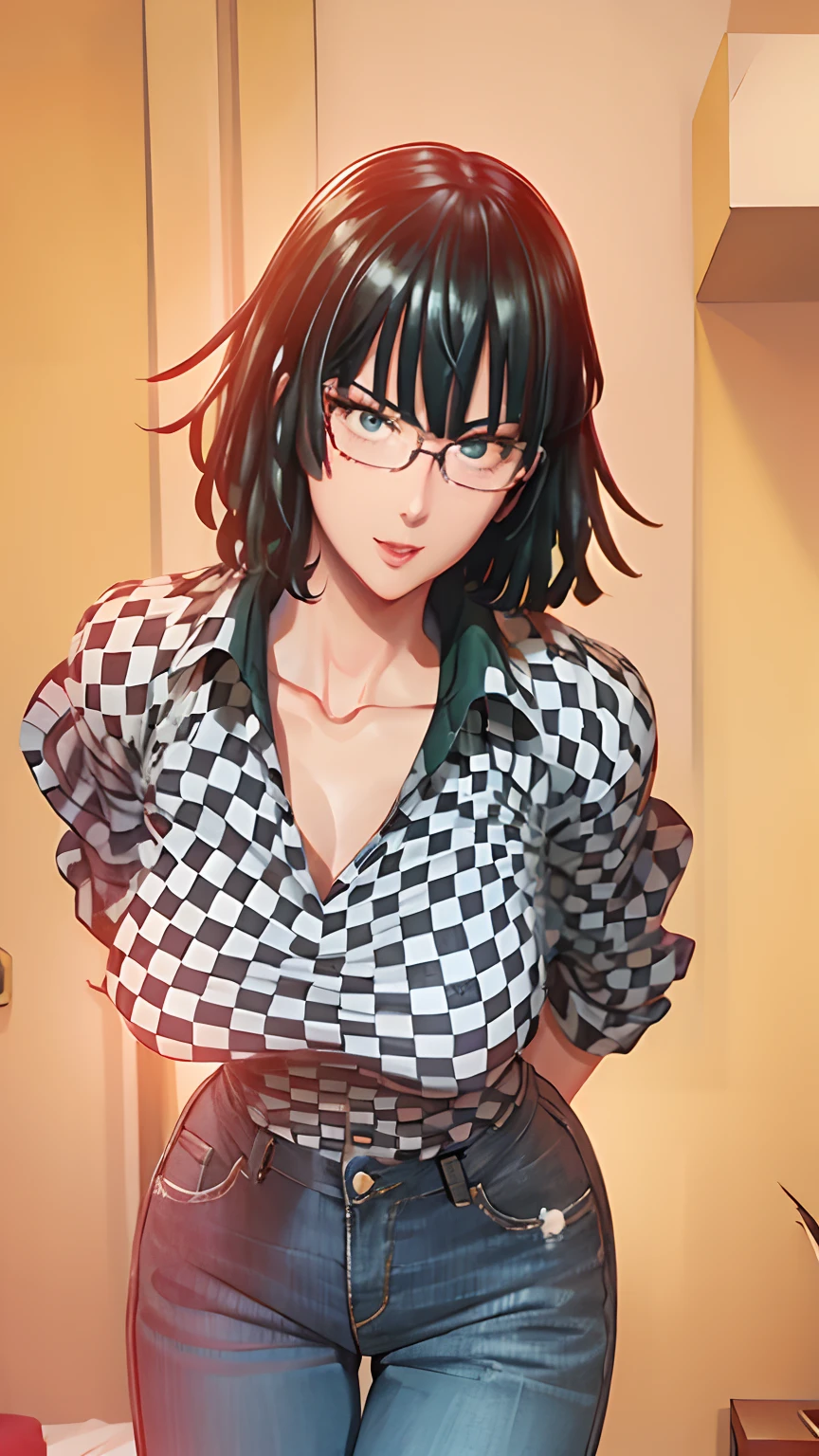Girl, smile, red lips, big nose, big tits, shorts hair, glasses, necklace, checkered patterned shirt
, Levi's trousers, sexy body, sexy pose, stand pose, view facing the camera, view facing forward
, beautiful girl, in room, realistic