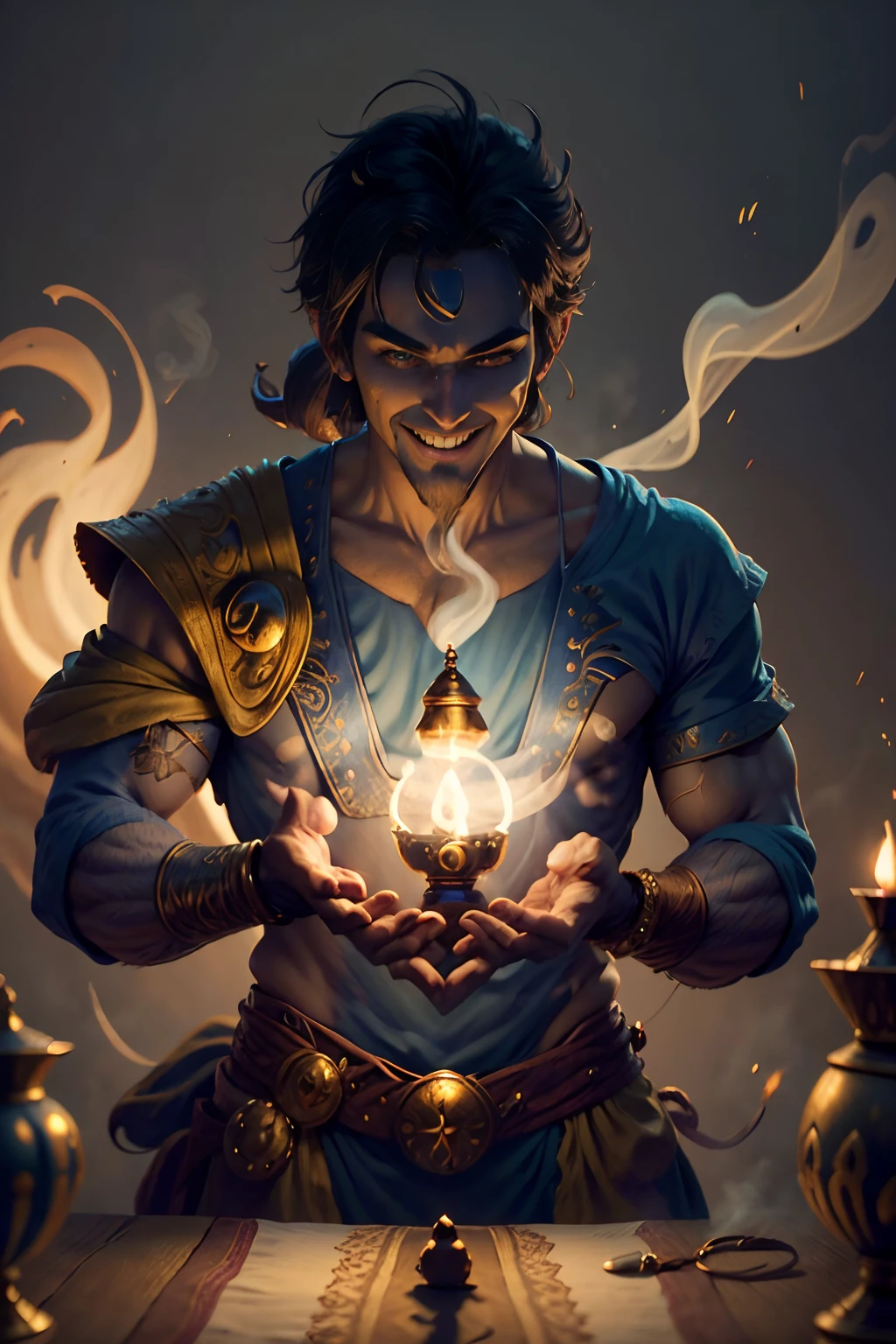 Arabian fairy tale. Year 1000. Aladdin and His Magic Lamp. Genie in the form of smoke, coming out of the lamp with a big smile, Cartoon characters. a closeup of a. many details. super realistic. Cinematic. Blurred fairy tale background. Light haze