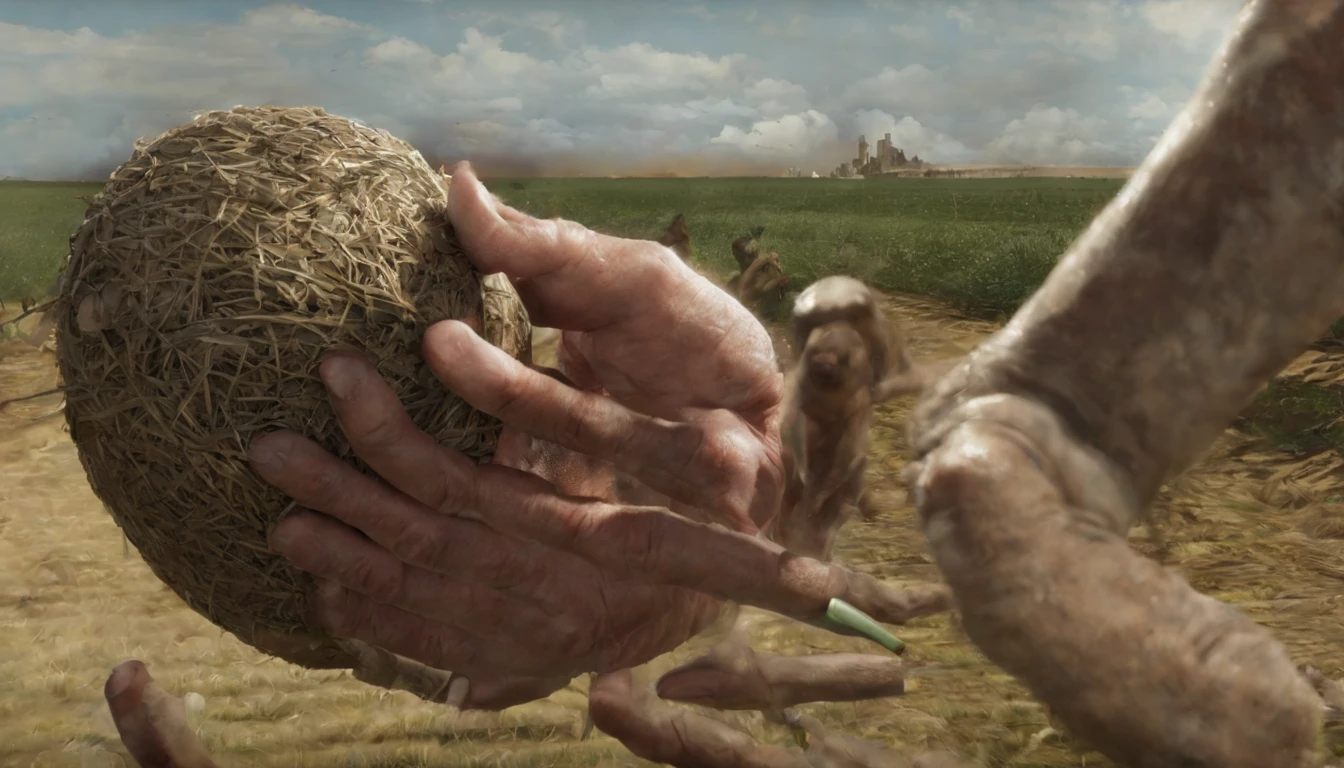 a huge hand, sobre o campo e sinais de uma pessoa surgindo do solo