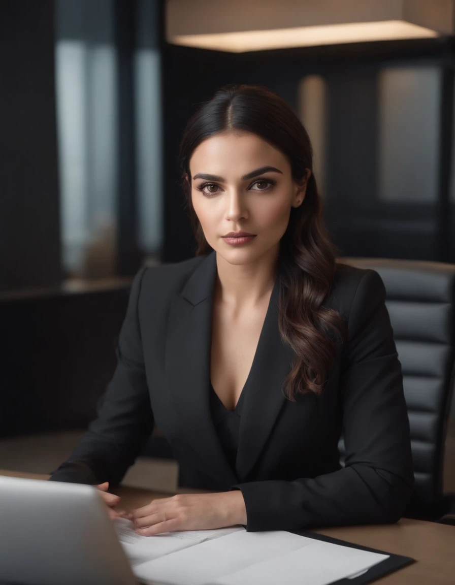 foto realista mulher morena cabelos longos ondulados roupa de executiva, Black suit in office with face facing forward