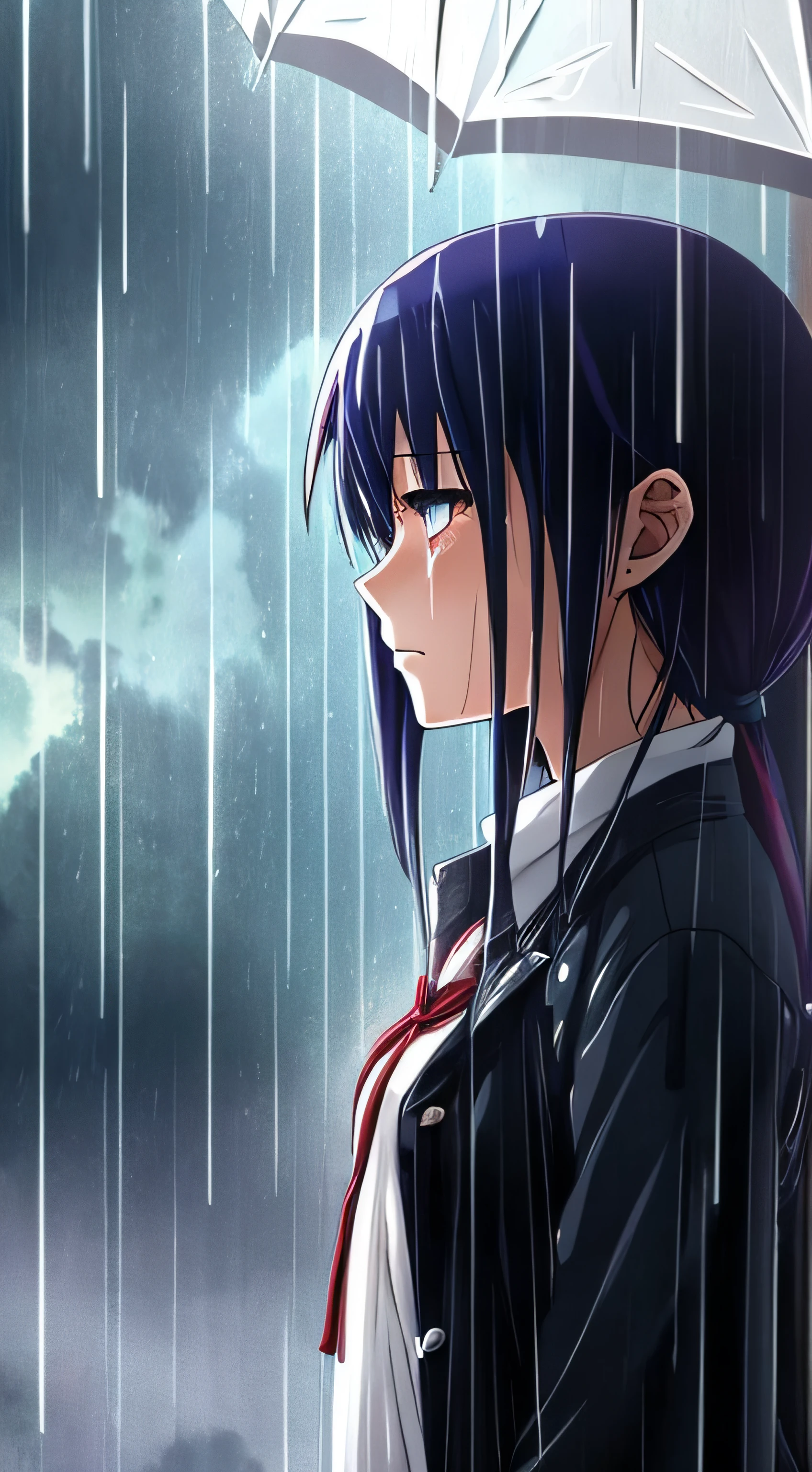 A melancholic anime girl stands alone in the pouring rain, her tears blending with the drops as she mourns a lost love. --auto