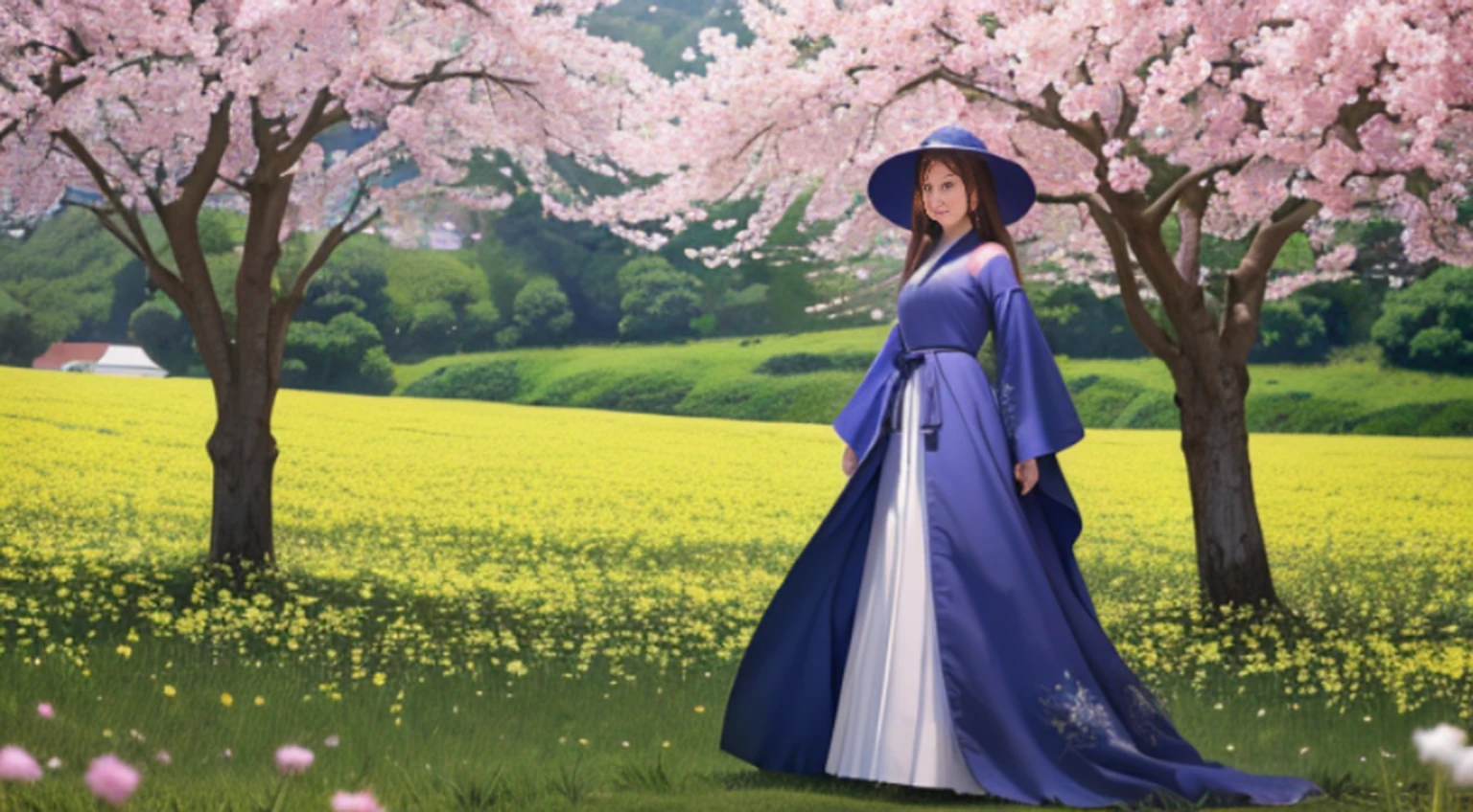 There is a beautiful Chinese woman standing in a field of cherry trees with a sun hat and wearing a pink halter dress, longos cabelos castanhos ondulados, wearing sunglasses, alto e magro, Beautiful, sorriso sutil, Standing in the field of cherry trees, standing in a flower field, Woman standing in cherry field, girl standing in a flower field, standing in a field with flowers, menina em um campo de flores, com campos de flores em primeiro plano, em um campo de flores, campos de flores, girl standing in flower field, (hiper-realismo: 1.1) , ((full_body)), olhos perfeitos, (pele brilhante: 1.2), ((penteado))), ((perfect hands))), (fundo muito detalhado), ((dynamic background), ((rain day), (cerejeiras), ((1girl)), Vestindo um manto, (((Manto de fluxo))), ((Olhos detalhados, Olhos de alta qualidade, Rosto de alta qualidade)), vestido azul claro extremamente complexos, magical robes), magia, (dramatic), epic, campo de flores, profundidade de campo, bokeh, 4k, gotica, cinzas, particules.