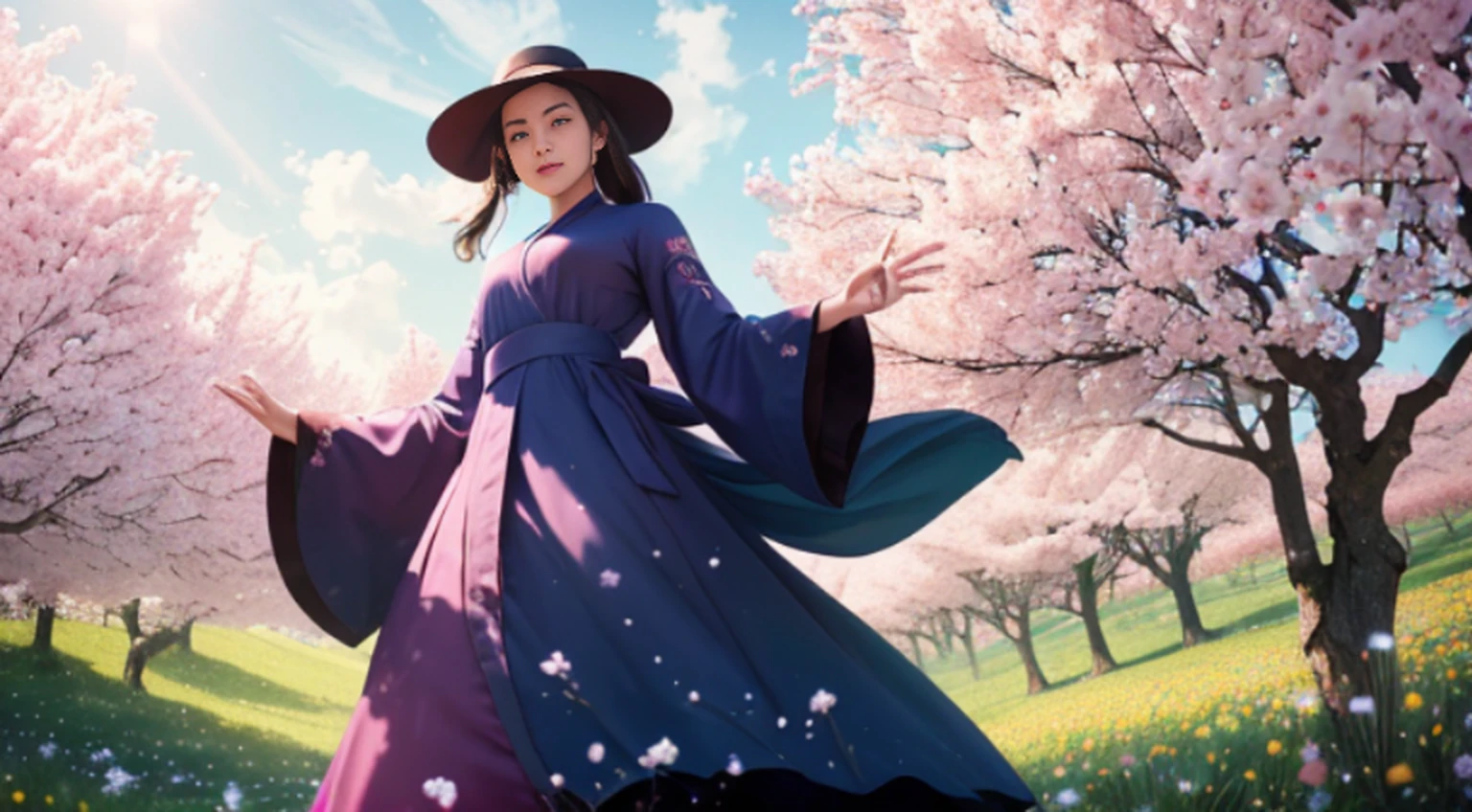 There is a beautiful Chinese woman standing in a field of cherry trees with a sun hat and wearing a pink halter dress, longos cabelos castanhos ondulados, wearing sunglasses, alto e magro, Beautiful, sorriso sutil, Standing in the field of cherry trees, standing in a flower field, Woman standing in cherry field, girl standing in a flower field, standing in a field with flowers, menina em um campo de flores, com campos de flores em primeiro plano, em um campo de flores, campos de flores, girl standing in flower field, (hiper-realismo: 1.1) , ((full_body)), olhos perfeitos, (pele brilhante: 1.2), ((penteado))), ((perfect hands))), (fundo muito detalhado), ((dynamic background), ((rain day), (cerejeiras), ((1girl)), Vestindo um manto, (((Manto de fluxo))), ((Olhos detalhados, Olhos de alta qualidade, Rosto de alta qualidade)), vestido azul claro extremamente complexos, magical robes), magia, (dramatic), epic, campo de flores, profundidade de campo, bokeh, 4k, gotica, cinzas, particules.