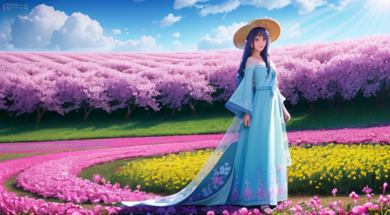 There is a beautiful Chinese woman standing in a field of cherry trees with a sun hat and wearing a pink halter dress, longos cabelos castanhos ondulados, wearing sunglasses, alto e magro, Beautiful, sorriso sutil, Standing in the field of cherry trees, standing in a flower field, Woman standing in cherry field, girl standing in a flower field, standing in a field with flowers, menina em um campo de flores, com campos de flores em primeiro plano, em um campo de flores, campos de flores, girl standing in flower field, (hiper-realismo: 1.1) , ((full_body)), olhos perfeitos, (pele brilhante: 1.2), ((penteado))), ((perfect hands))), (fundo muito detalhado), ((dynamic background), ((rain day), (cerejeiras), ((1girl)), Vestindo um manto, (((Manto de fluxo))), ((Olhos detalhados, Olhos de alta qualidade, Rosto de alta qualidade)), vestido azul claro extremamente complexos, magical robes), magia, (dramatic), epic, campo de flores, profundidade de campo, bokeh, 4k, gotica, cinzas, particules., (hiper-realismo: 1.1) , ((full_body)), olhos perfeitos, (pele brilhante: 1.2), ((penteado))), ((perfect hands))), (fundo muito detalhado), ((dynamic background), ((rain day), (cerejeiras), ((1girl)), Vestindo um manto, (((Manto de fluxo))), ((Olhos detalhados, Olhos de alta qualidade, Rosto de alta qualidade)), vestido azul claro extremamente complexos, magical robes), magia, (dramatic), epic, campo de flores, profundidade de campo, bokeh, 4k, gotica, cinzas, particules.