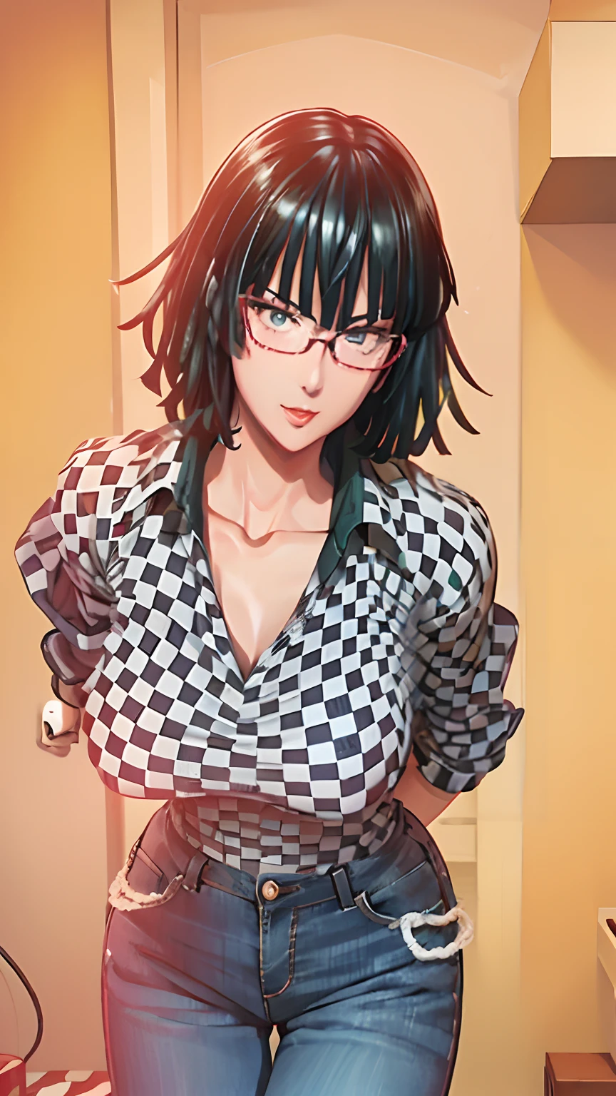 Maki, beautiful girl, tall, slim, nude, naked, dark green hair, ponytail, large breasts, big boobs, big breasts, pink nipples, sexy, slim, glasses, nude, hands down, classroom, nude, (mature woman), arms down, half body, upper body, close her mouth