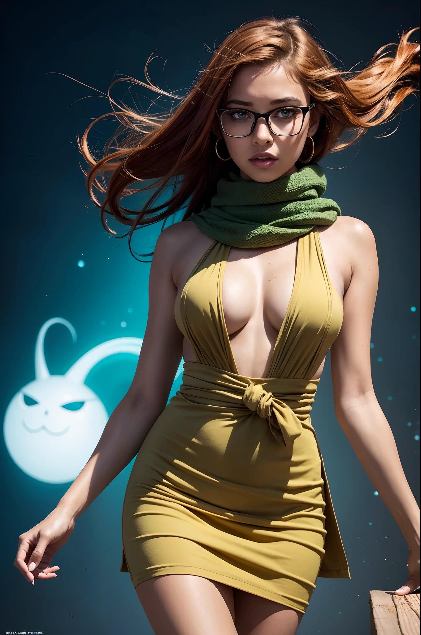 concept art of sexy cute girl wear glasses, overhead angle of a Will-o'-the-wisp, wearing Funny Somali Emerald deep orange Pinafore, Caramel hair styled as Short hair, fluorescent purple Hair tie, equirectangular 360, Highres,  [(art by Willi Baumeister:1.1), (art by John T. Biggers:1.2)::17], official art, unity 8k wallpaper, ultra detailed, aesthetic, masterpiece, best quality, photorealistic