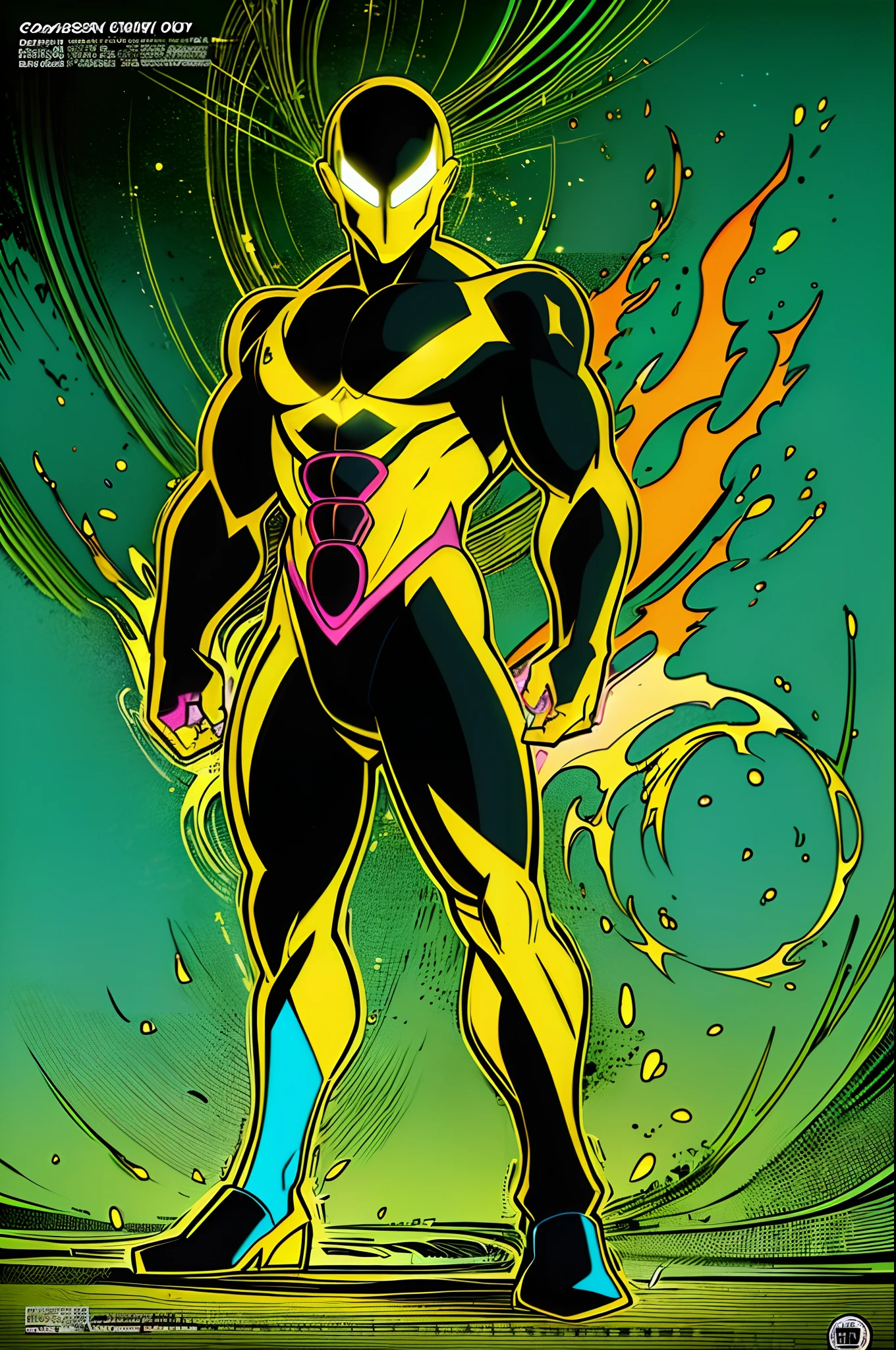 weird edgy superhero, standing, solo, full body, dark, mysterious, surreal, powerful, dramatic lighting, intense colors, comic book style