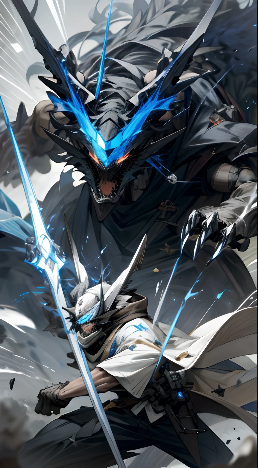 White and black mechs, Dragon helmet, Claw weapons, Giant claws, Attack, Blue, Navy, extremly high detail, black, beast, Animal, mito, Dark, cavalier, Crush, 4 legs,