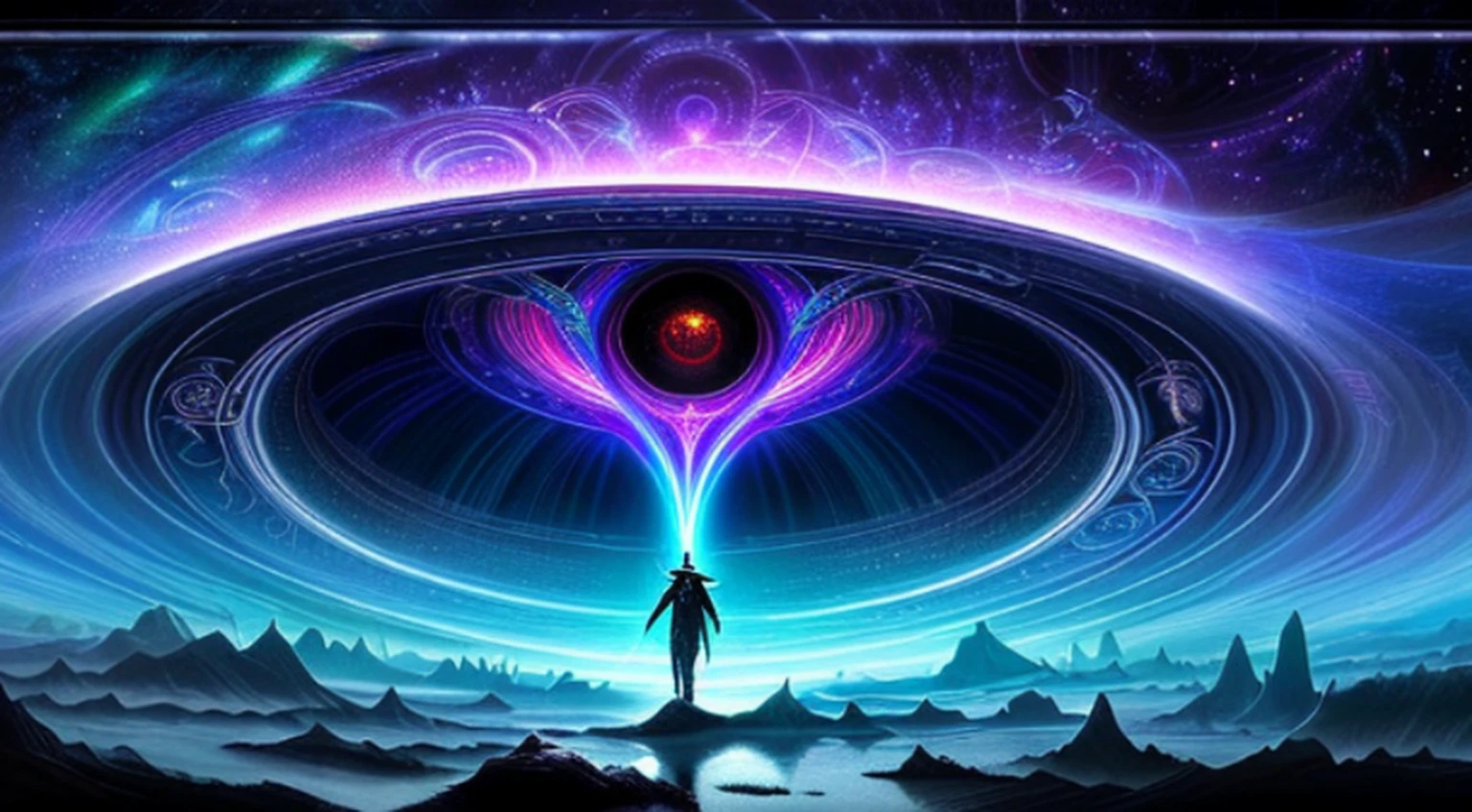"Scene from a multiverse inspired by Dr. Strange in the Multiverse of Madness: (fantastic landscapes, magical creatures, psychedelic colors, and mind-bending illusions), (mystic and dark atmosphere, surreal dreamy scenery, enchanting but dangerous), long shot, eye-catching and surreal."