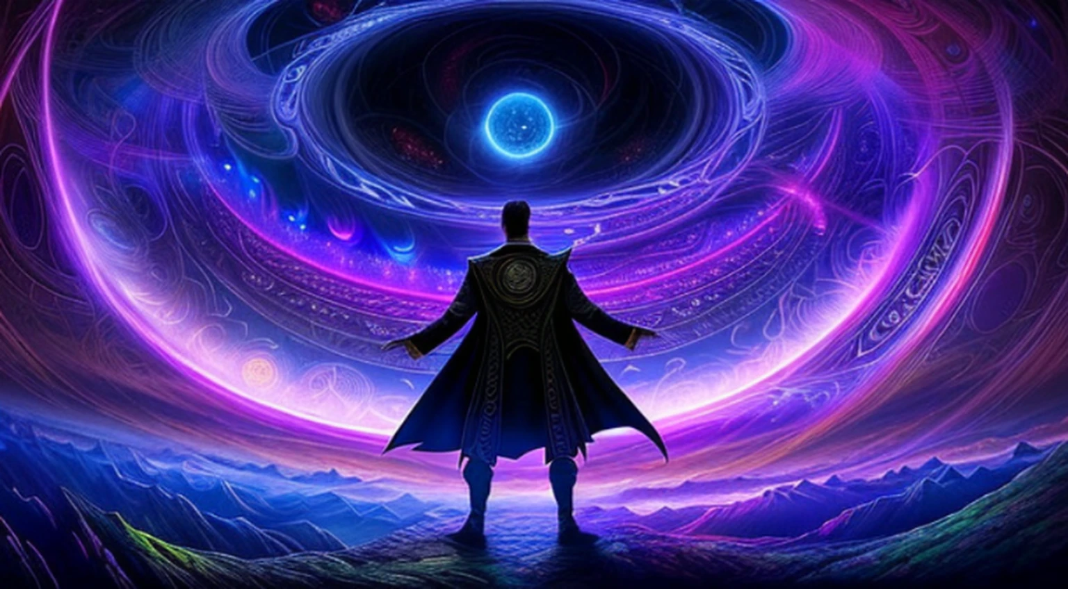 "Scene from a multiverse inspired by Dr. Strange in the Multiverse of Madness: (fantastic landscapes, magical creatures, psychedelic colors, and mind-bending illusions), (mystic and dark atmosphere, surreal dreamy scenery, enchanting but dangerous), long shot, eye-catching and surreal."