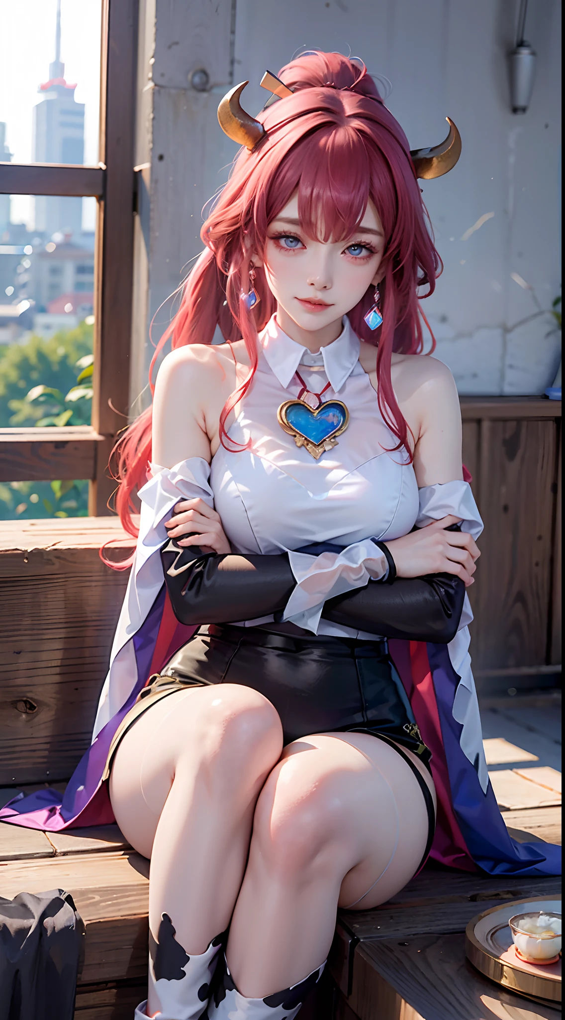 masterpiece, absurdres, Panorama, exquisite facial features, prefect face, shiny skin, (((bunny girl))), solo, (((bar censor))), (thick lips), (((blush))), (scared), (((nose blush))), (light smile), ((long hair)), ((red hair)), (blue hair), (rainbow-like hair), (((high ponytail))), (((heart hair ornament))), (choker), (metal collar), (drop earrings), (sapphire brooch), (((mini crown))), (((T-shirt))), (((transparent clothes))), (((black leggings))), wet clothes, ((cape)), (leaning forward), (holding cup), (((bar))), (((genshin impact))), (((short shorts))), (((cow horns))), ((((hugging own legs)))), cat pose, holding book, holding wand, holding umbrella, holding flower, object hug, holding heart, indoor, gym, laboratory, library, stars, universe, azur lane, dreamlike, opal render, ((4koma)), (album cover)