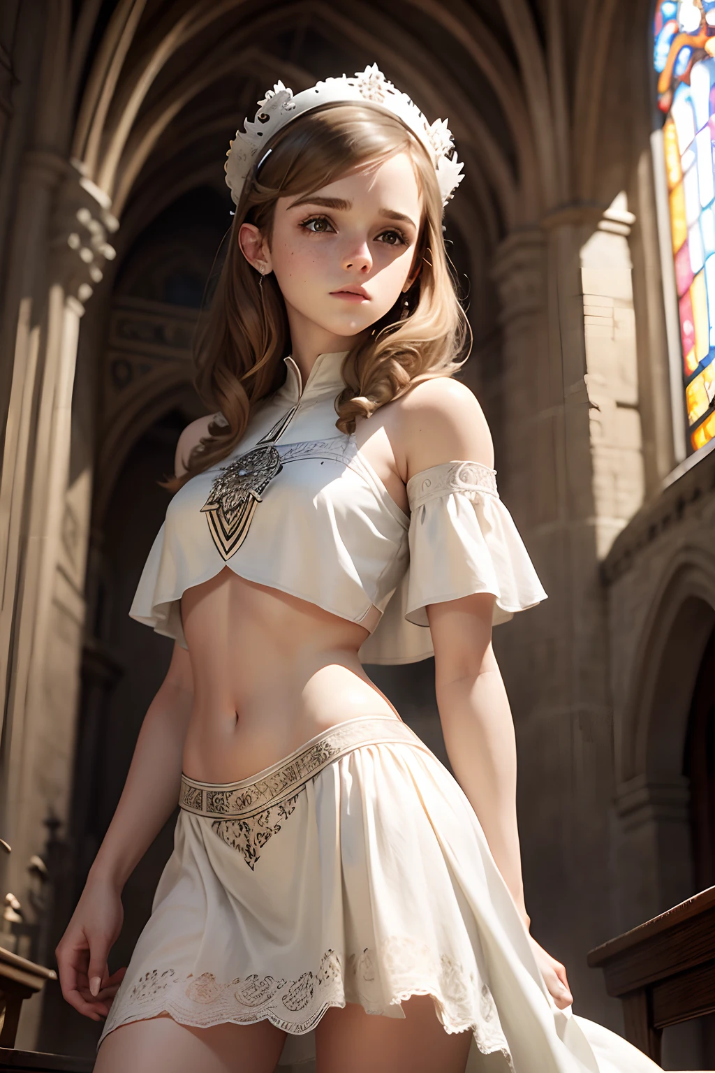 teen Emma Watson as a sexy white priestess girl. Freckles. intricate dress, crop top, cute smile. Background church.
