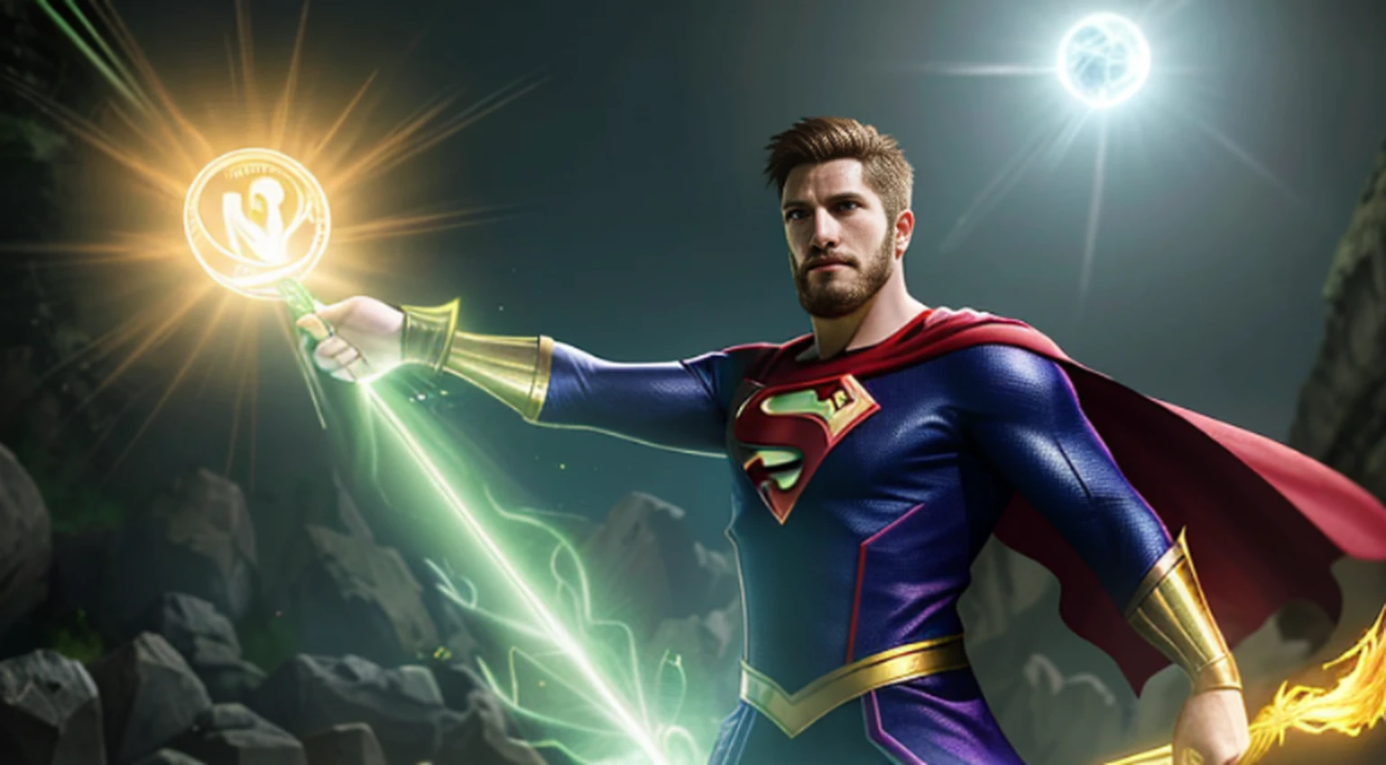 vivid magical mystical background.action-packed scene of a superhero who has the (((Poderoso anel brilhante))) do Lanterna Verde e a magia do furioso Doutor Estranho ((usando barba)) capa vermelha. The superhero must be in a mystical pose, conjuring a powerful spell with his ring and casting it at an enemy. anime fotorrealista de alto detalhe fine line art, octane render unreal engine 5 cinematic, Arte por James Lee, Jon McCoy e Mappa Studios