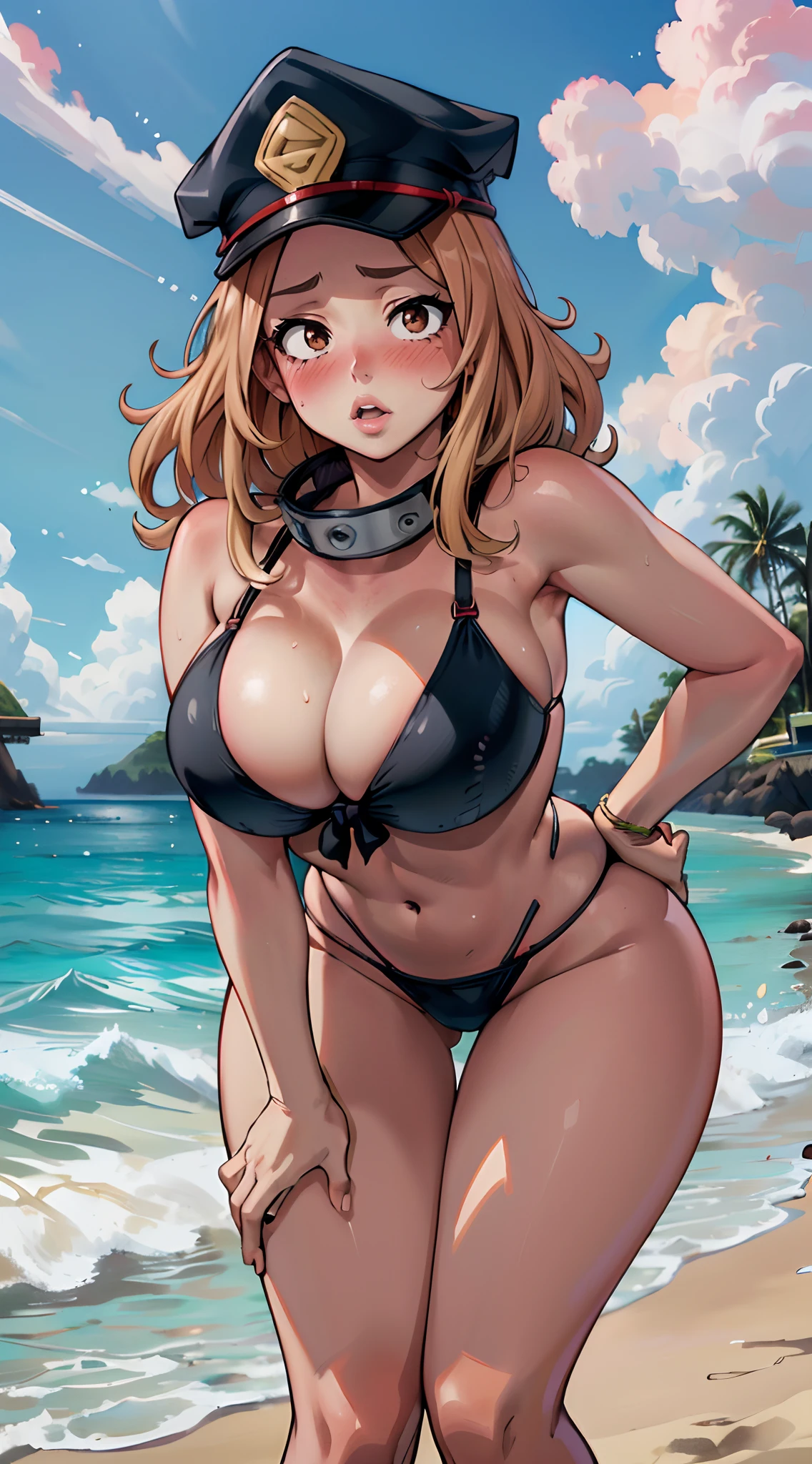 (best quality:1.3), (qualidade 4K), Camie Utsushimi por Boku no Hero, sozinho, ((corar)), ((Rosto detalhado)), ((body curvy)), (peitos grandes), corpo sexy, ((Praia)), ((flossing black bikini)), , ((inclinando-se para a frente)), ((police cap))