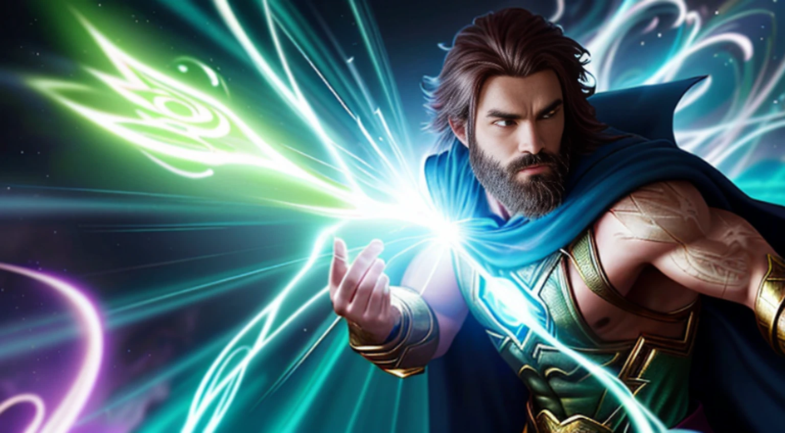 vivid magical mystical background.action-packed scene of a superhero who has the (((Poderoso anel brilhante))) do Lanterna Verde e a magia do furioso Doutor Estranho ((usando barba)) capa vermelha. The superhero must be in a mystical pose, conjuring a powerful spell with his ring and casting it at an enemy. anime fotorrealista de alto detalhe fine line art, octane render unreal engine 5 cinematic, Arte por James Lee, Jon McCoy e Mappa Studios
