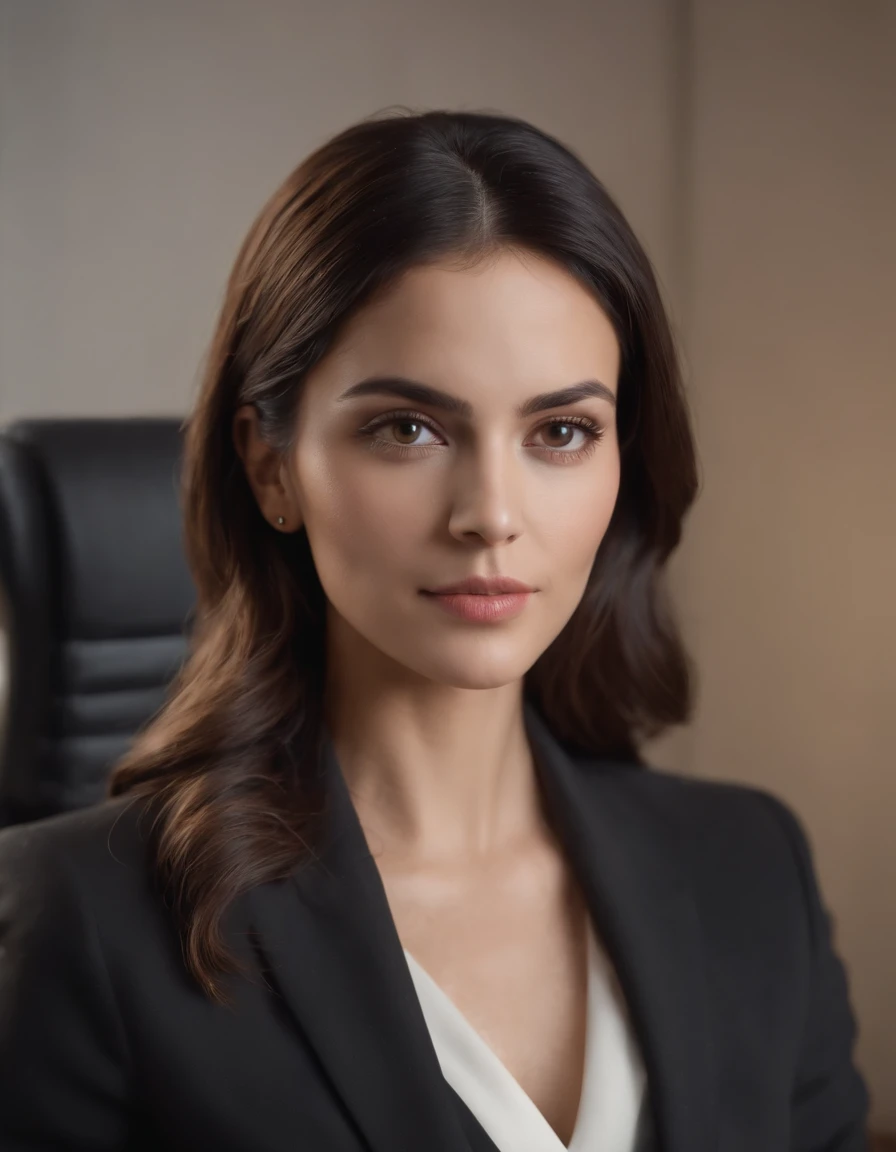 foto realista mulher morena cabelos longos ondulados roupa de executiva, Black suit in office with face facing forward oval face