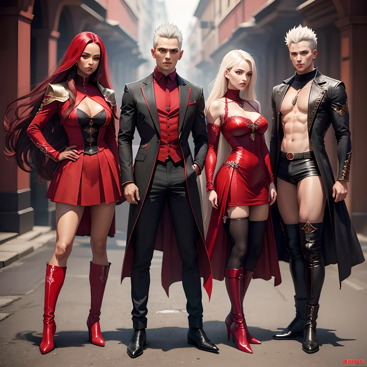 human demon, pele vermelha, chifres azuis, roupas rasgadas, bota, estilo VERGIL DMC