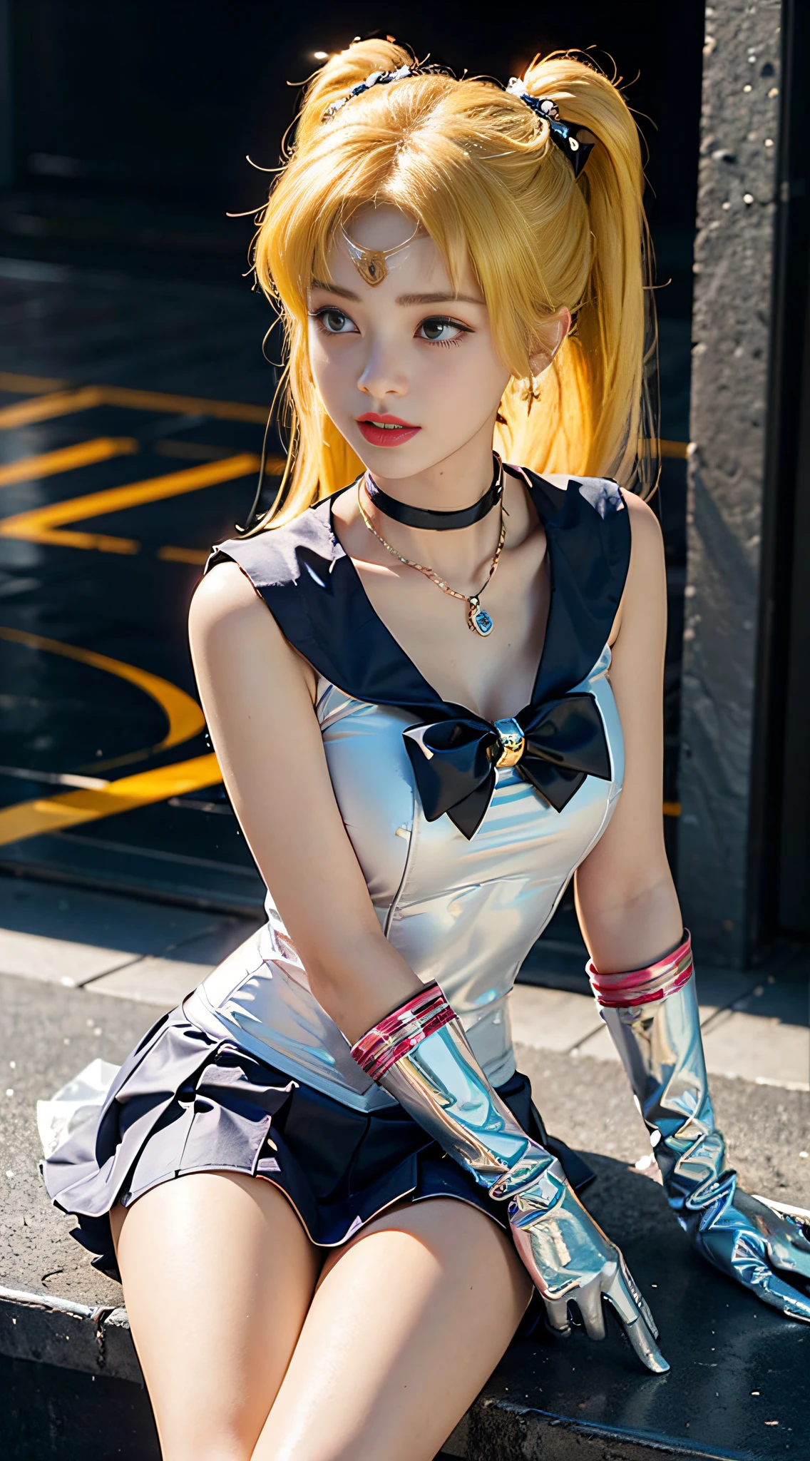 ((​masterpiece:1.4)、(top-quality:1.4)、(reallistic:1.7))、masuter piece:1.4、a beauty girl、(Sailor Moon:1.4)、Tsukino Usagi、Body Fit Sexy Sailor Senshi Uniform、(latex shiny)、(The jacket is a white sleeveless sailor suit)、(Skirt is blue sexy ultra ultra mini skirt)、The collar of the sailor suit is blue with two thin lines.、high leg swimsuit、Red cloth ornament at chest、(Wearing white gloves)、Kawaii Girl、Super beauty、foco nítido、Portrait photos、Upper body photography:1.4、beautiful countenance、beautidful eyes、Narrow waist、(Yellow hair:1.4)、(length hair:1.2)、Raw photo、red-lips、Red boots:1.4、a choker:1.4、a necklace:1.4、耳Nipple Ring:1.4、Luxurious golden tiara on forehead:1.4、1 screen display、The landscape is the futuristic city city spaceport