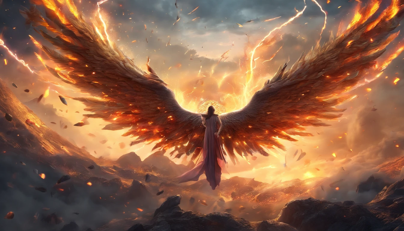 (best quality,4k,8k,highres,masterpiece:1.2),ultra-detailed,realistic,photorealistic:1.37,illustration,angels,dramatic,falling,heaven,fire,darkness,feathers,contrast,intense,mythology,surrealism,elegance,holy light,vivid colors,detailed wings,ethereal,expressive,divine beings,hope,rays of light,chaos,majestic,apocalyptic,cosmic,powerful,grandeur,spectacular scenery,fiery abyss,heavenly beings,graceful,celestial beings,fierce,mythical creatures,demonic flames,luminous,ominous shadows,dramatic motion,mystical,angelic battle,dramatic composition,splendid,awe-inspiring,divine intervention,tragically beautiful,epic