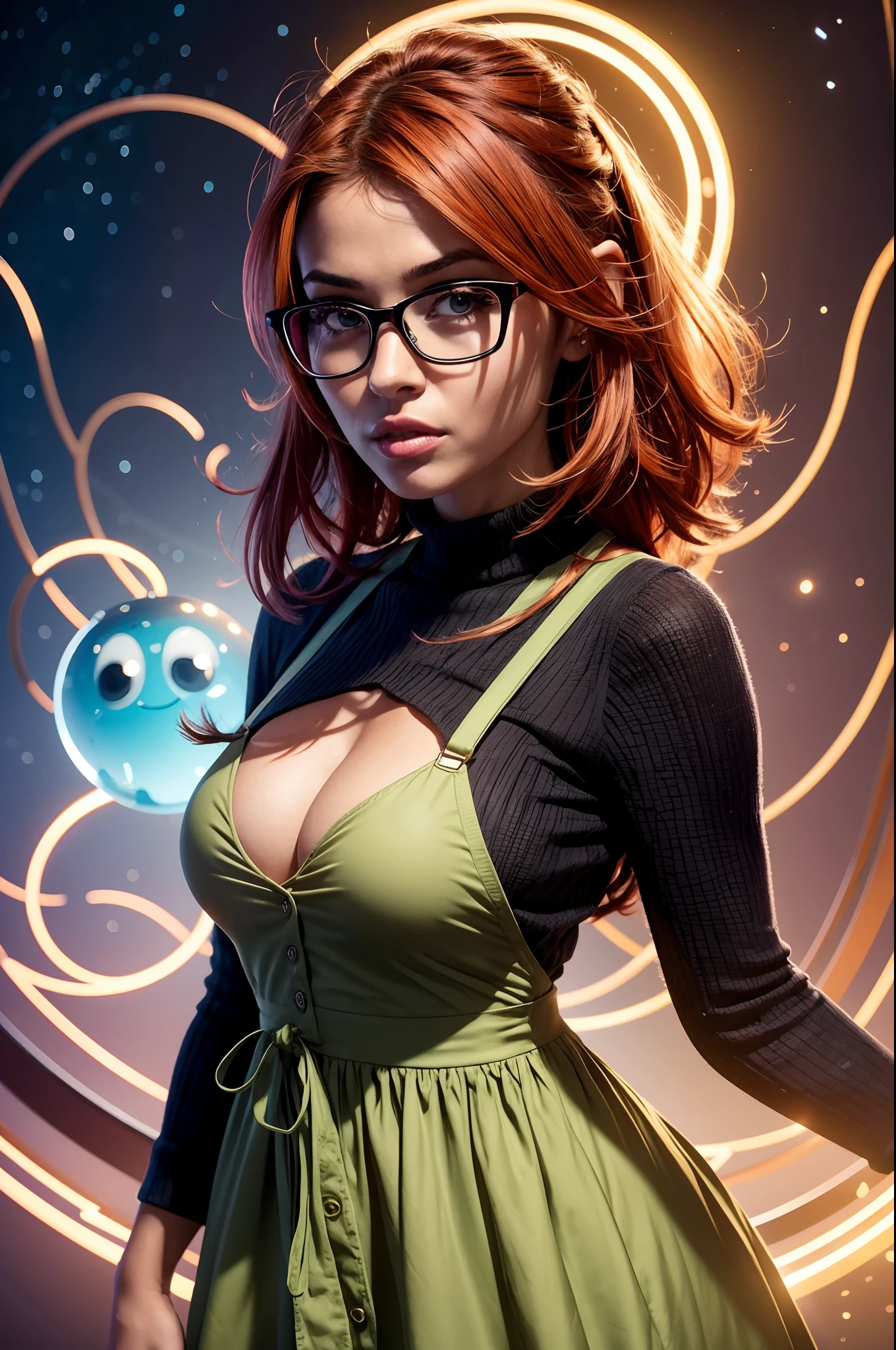 concept art of sexy cute girl wear glasses, overhead angle of a Will-o'-the-wisp, wearing Funny Somali Emerald deep orange Pinafore, Caramel hair styled as Short hair, fluorescent purple Hair tie, equirectangular 360, Highres,  [(art by Willi Baumeister:1.1), (art by John T. Biggers:1.2)::17], official art, unity 8k wallpaper, ultra detailed, aesthetic, masterpiece, best quality, photorealistic