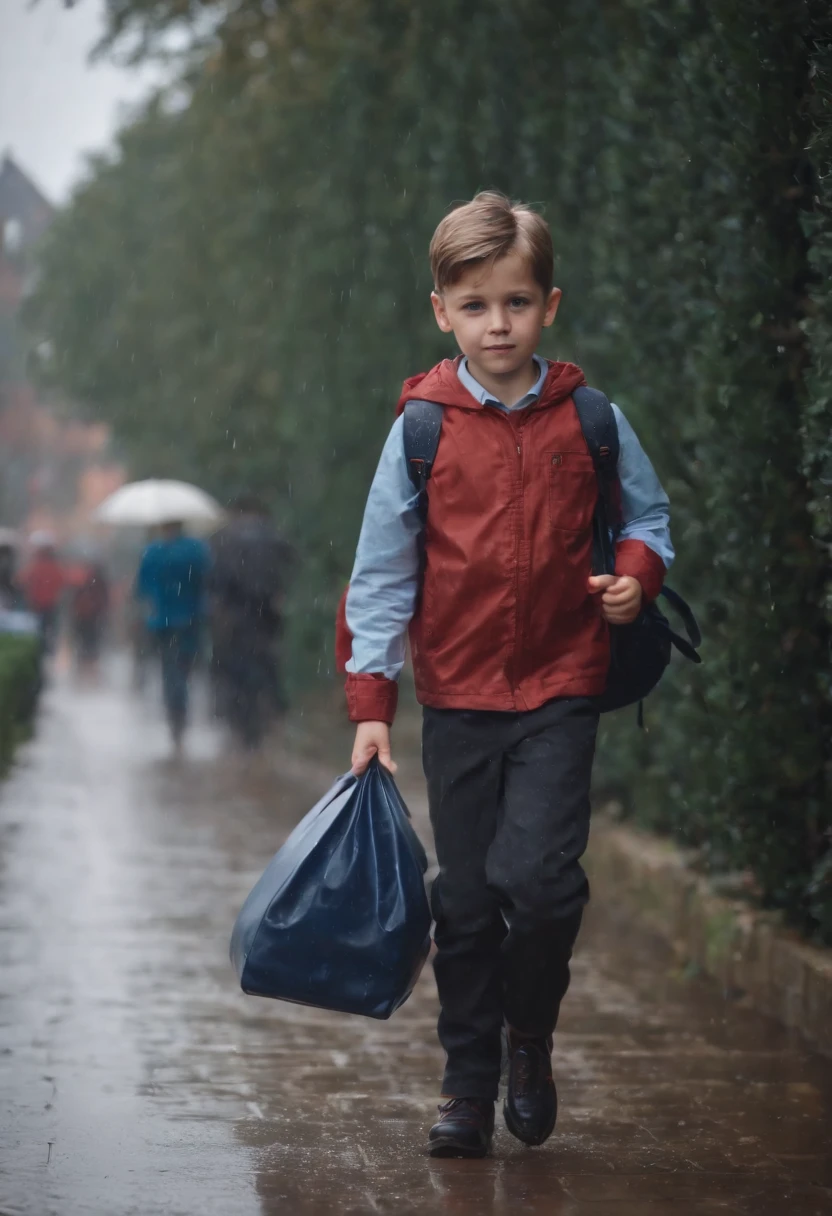 Boy going to school,4k, rain, realistic