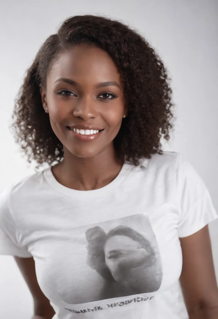 Une femme africaine,sourire,T-shirt blanc,blank background,Backgrounid blanc gris seins, huge breasts,