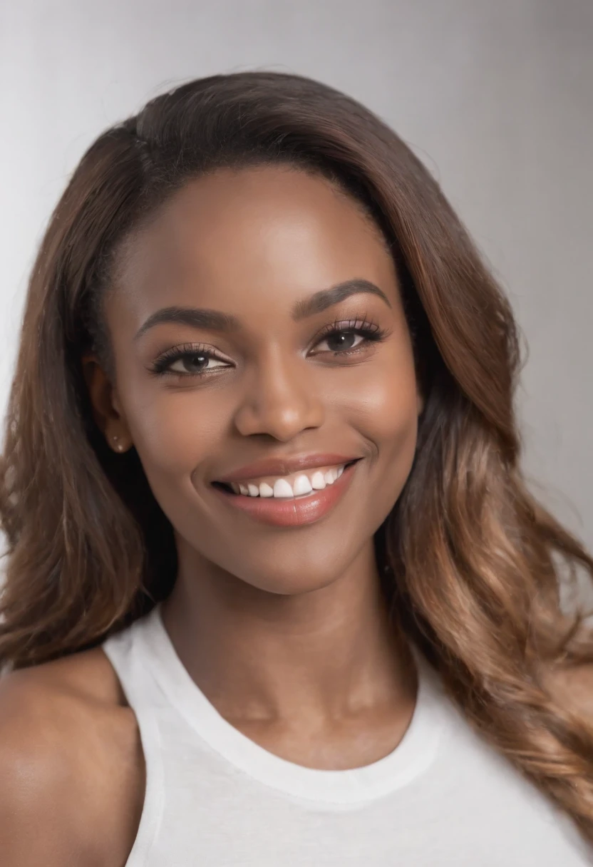 Une femme africaine，sourire，T-shirt blanc，blank background，Backgrounid blanc gris seins, huge breasts,