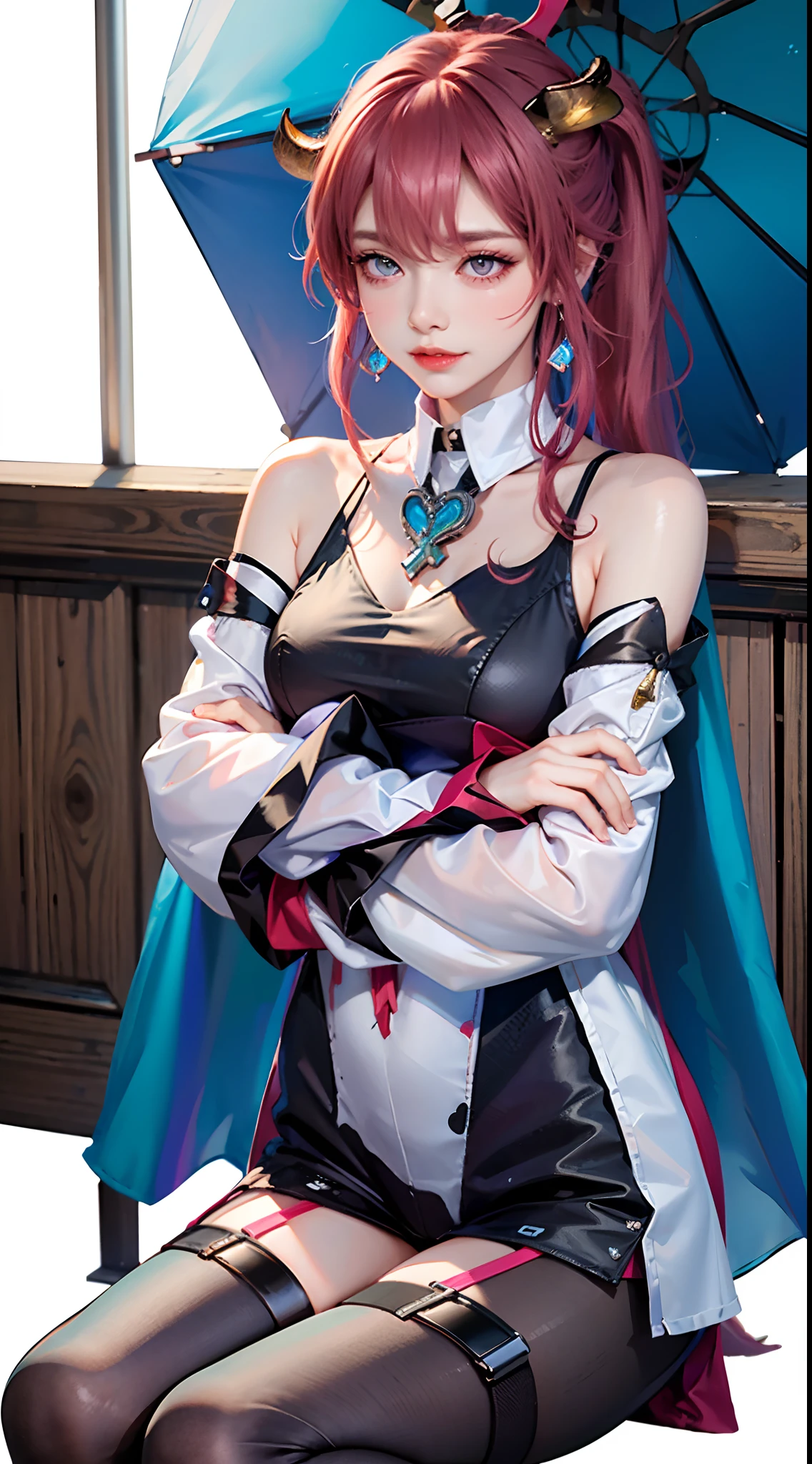 masterpiece, absurdres, Panorama, exquisite facial features, prefect face, shiny skin, (((bunny girl))), solo, (((bar censor))), (thick lips), (((blush))), (scared), (((nose blush))), (light smile), ((long hair)), ((red hair)), (blue hair), (rainbow-like hair), (((high ponytail))), (((heart hair ornament))), (choker), (metal collar), (drop earrings), (sapphire brooch), (((mini crown))), (((T-shirt))), (((transparent clothes))), (((black leggings))), wet clothes, ((cape)), (leaning forward), (holding cup), (((bar))), (((genshin impact))), (((short shorts))), (((cow horns))), ((((hugging own legs)))), cat pose, holding book, holding wand, holding umbrella, holding flower, object hug, holding heart, indoor, gym, laboratory, library, stars, universe, azur lane, dreamlike, opal render, ((4koma)), (album cover)