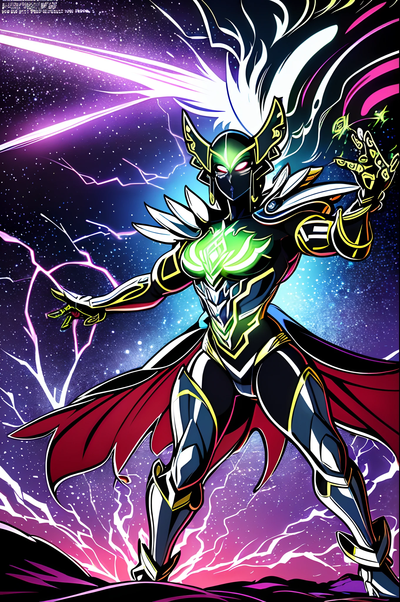 (best quality,4k,8k,highres,masterpiece:1.2),ultra-detailed,(realistic,photorealistic,photo-realistic:1.37),weird edgy sentai,superhero,standing,solo,full body,sharp focus,extreme detail description,vibrant colors,fantasy,surrealistic,dark,mysterious lighting,comic book style,theatrical,Latinx,speed lines,glowing eyes,glowing symbols,flowing cape,body armor with intricate designs,striking pose,weapon ready in hand,elongated limbs,dynamic perspective,electric sparks,ethereal essence,breathing fire,levitating in mid-air,otherworldly landscapes,shadowy figures lurking in the background,ominous clouds,floating debris,cracked ground,purple and blue hues,frenetic energy,crimson highlights,contrasting light and shadow,high contrast,stormy atmosphere,dramatic silhouettes,cosmic energy,unknown origin,uncanny powers