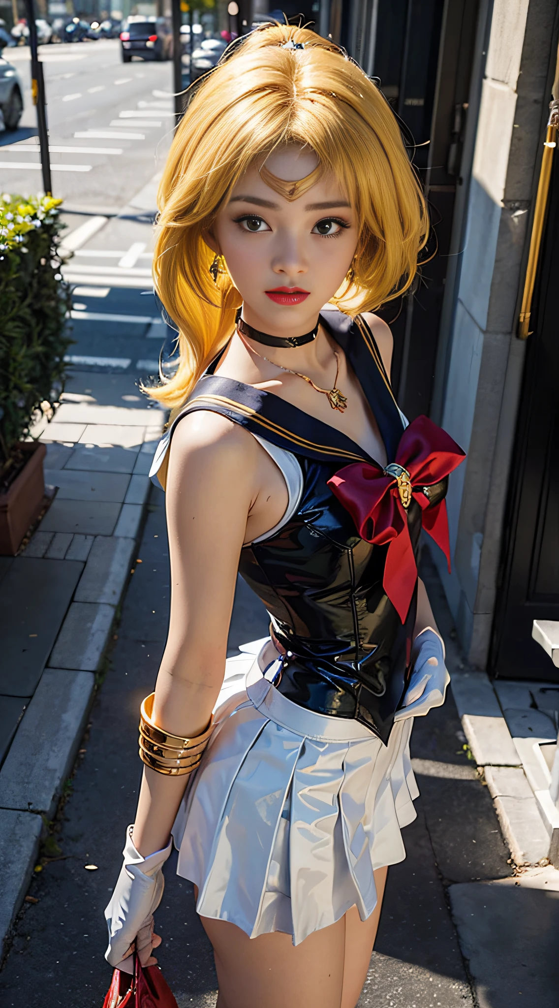 ((masterpiece:1.4)、(top-quality:1.4)、(reallistic:1.7))、masuter piece:1.4、a beauty girl、(Sailor Moon:1.4)、Tsukino Usagi、Body Fit Sexy Sailor Senshi Uniform、(latex shiny)、(The jacket is a white sleeveless sailor suit)、(Skirt is blue sexy ultra ultra mini skirt)、The collar of the sailor suit is blue with two thin lines.、high leg swimsuit、Red cloth ornament at chest、(Wearing white gloves)、Kawaii Girl、Super beauty、foco nítido、Portrait photos、Upper body photography:1.4、beautiful countenance、beautidful eyes、Narrow waist、(Yellow hair:1.4)、(length hair:1.2)、Raw photo、red-lips、Red boots:1.4、a choker:1.4、a necklace:1.4、耳Nipple Ring:1.4、Luxurious golden tiara on forehead:1.4、1 screen display、The landscape is a futuristic urban urban spaceport