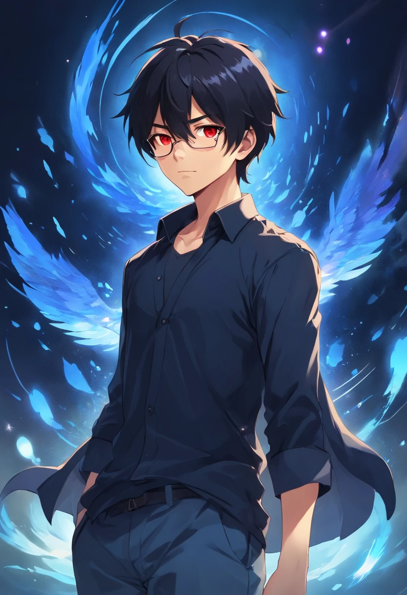 16 yaers old，Libido boy，Shota，Black color hair，black shirt，Square glasses，apathy，long whitr hair，with long bangs(Masterpiece, illustration, anime big breast:1.3), Anime boy, Black eyes, Long black hair, In the dark, black shirt:1.2), (Disheveled black hair:1.1), (Red eyes that glow red:1.2), (Calm expression:1.1), (Uncovered Eyes:1.1), (Strong presence:1.2), (Enigmatic Atmosphere:1.2), (Subtle Moonlight:1.1), (Ominous Shadows:1.1), (Detailed folds and creases:1.1), (Intense Blue Aura:1.2), (A symbol of power around him:1.1), (Magical energy radiation:1.2), (Ethereal particles:1.1), (Dynamic pose:1.2), (epic soundtrack:1.2), (sense of awe:1.1), (Magical prowess:1.1)