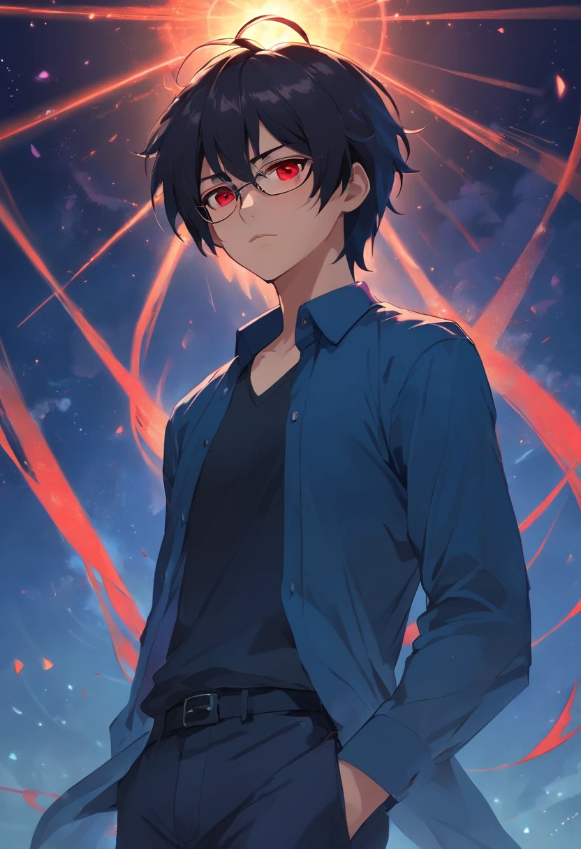 16 yaers old，Libido boy，Shota，Black color hair，black shirt，Square glasses，apathy，long whitr hair，with long bangs(Masterpiece, illustration, anime big breast:1.3), Anime boy, Black eyes, Long black hair, In the dark, black shirt:1.2), (Disheveled black hair:1.1), (Red eyes that glow red:1.2), (Calm expression:1.1), (Uncovered Eyes:1.1), (Strong presence:1.2), (Enigmatic Atmosphere:1.2), (Subtle Moonlight:1.1), (Ominous Shadows:1.1), (Detailed folds and creases:1.1), (Intense Blue Aura:1.2), (A symbol of power around him:1.1), (Magical energy radiation:1.2), (Ethereal particles:1.1), (Dynamic pose:1.2), (epic soundtrack:1.2), (sense of awe:1.1), (Magical prowess:1.1)