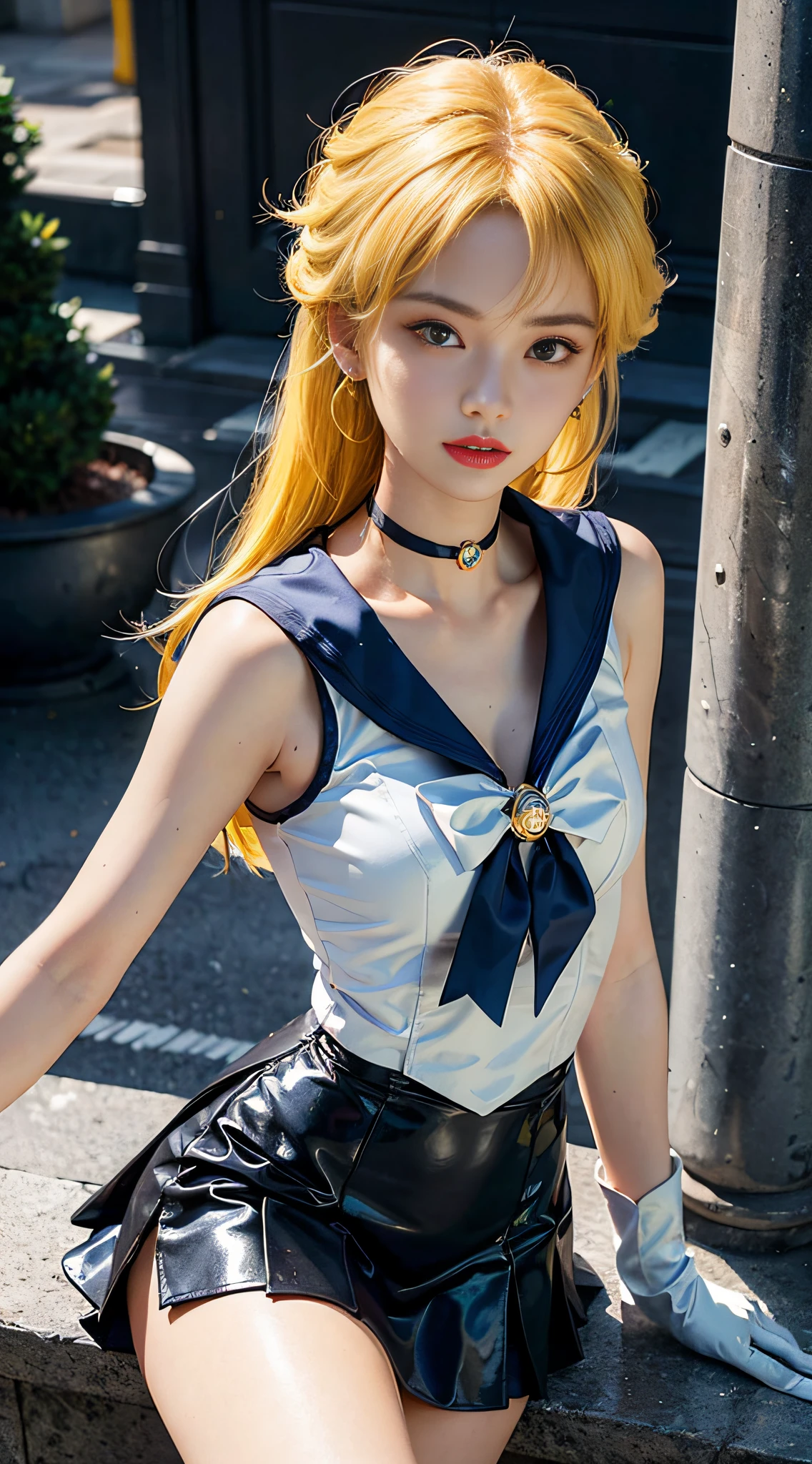 ((​masterpiece:1.4)、(top-quality:1.4)、(reallistic:1.7))、masuter piece:1.4、a beauty girl、(Sailor Moon:1.4)、Tsukino Usagi、Body Fit Sexy Sailor Senshi Uniform、(latex shiny)、(The jacket is a white sleeveless sailor suit)、(Skirt is blue sexy ultra ultra mini skirt)、The collar of the sailor suit is blue with two thin lines.、high leg swimsuit、Red cloth ornament at chest、(Wearing white gloves)、Kawaii Girl、Super beauty、foco nítido、Portrait photos、Upper body photography:1.4、beautiful countenance、beautidful eyes、Narrow waist、(Yellow hair:1.4)、(length hair:1.2)、Raw photo、red-lips、Red boots:1.4、a choker:1.4、a necklace:1.4、耳Nipple Ring:1.4、Luxurious golden tiara on forehead:1.4、1 screen display、The landscape is a futuristic urban urban spaceport