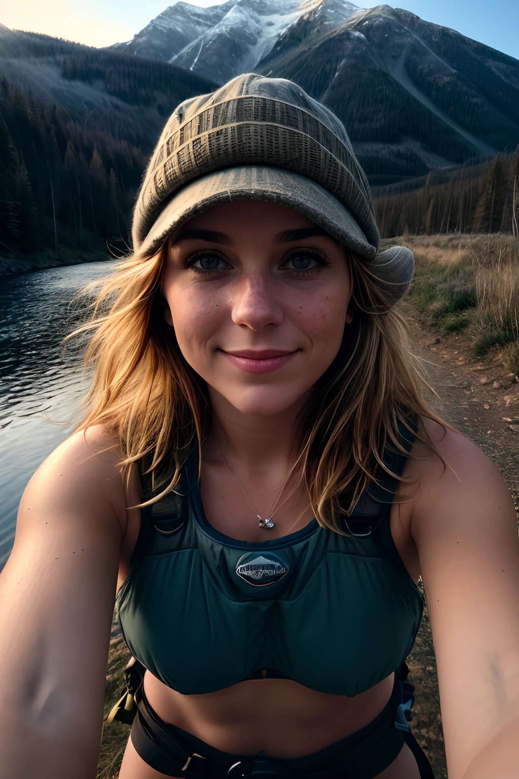 1 woman((upper body selfie, happy)), masterpiece, best quality, ultra-detailed, solo, outdoors, (night), mountains, nature, (stars, moon) cheerful, happy, backpack, sleeping bag, camping stove, water bottle, mountain boots, gloves, topless, hat, flashlight, forest, rocks, river, wood, smoke, shadows, contrast, clear sky, analog style (look at viewer:1.2) (skin texture) (film grain:1.3), (warm hue, warm tone) :1.2), close up, cinematic light, sidelighting, ultra high res, best shadow, RAW, upper body,