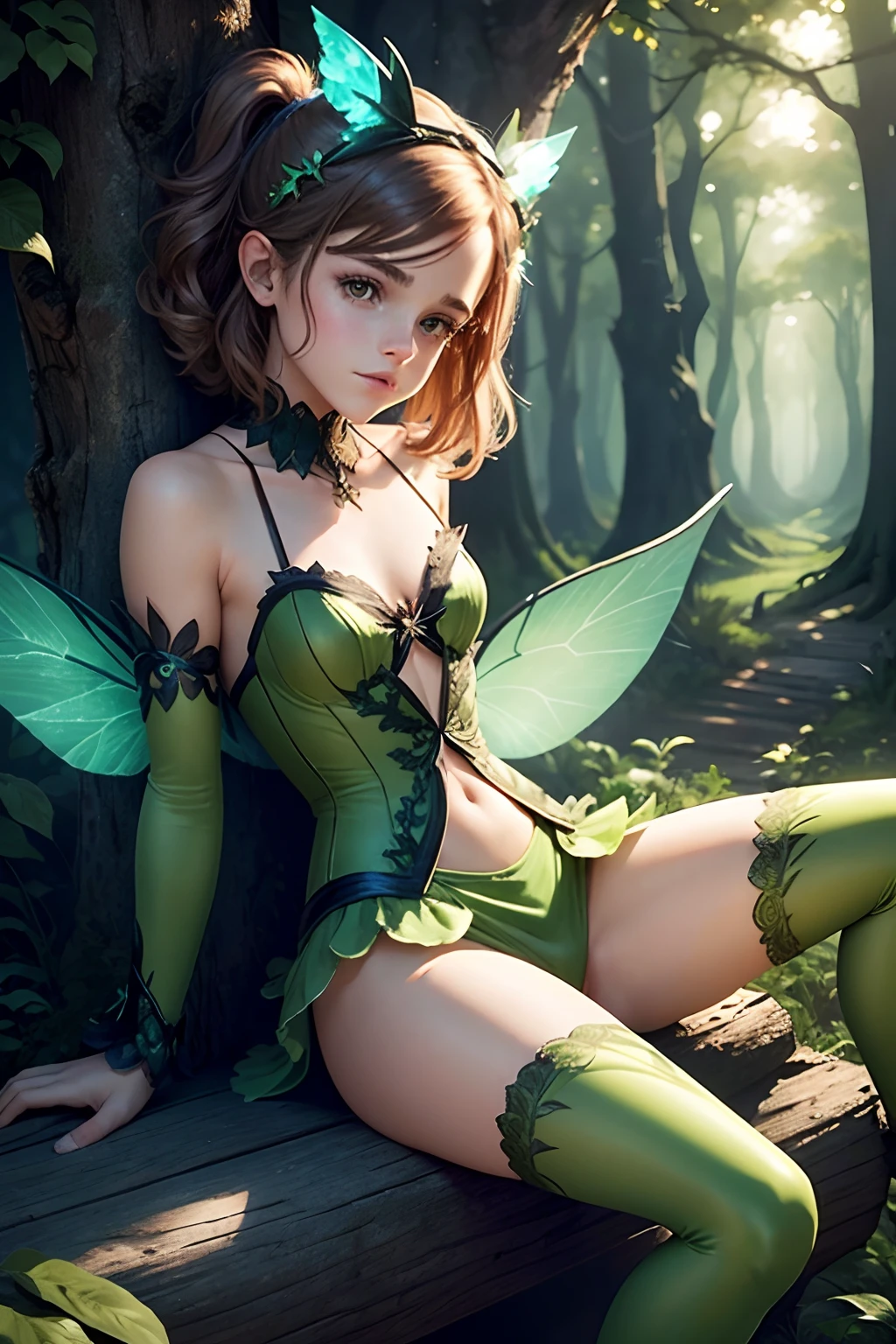 teen Emma Watson as a sexy fairy girl sitting on a fence. tight intricate green costume. slender body. fantasy landscape. night. background forest. sparkly wings.