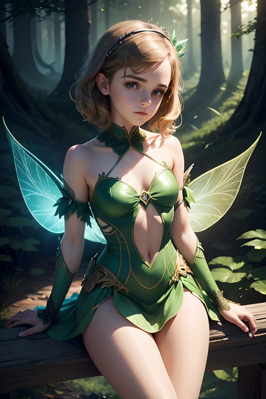 teen Emma Watson as a sexy fairy girl sitting on a fence. tight intricate green costume. slender body. fantasy landscape. night. background forest. sparkly wings.