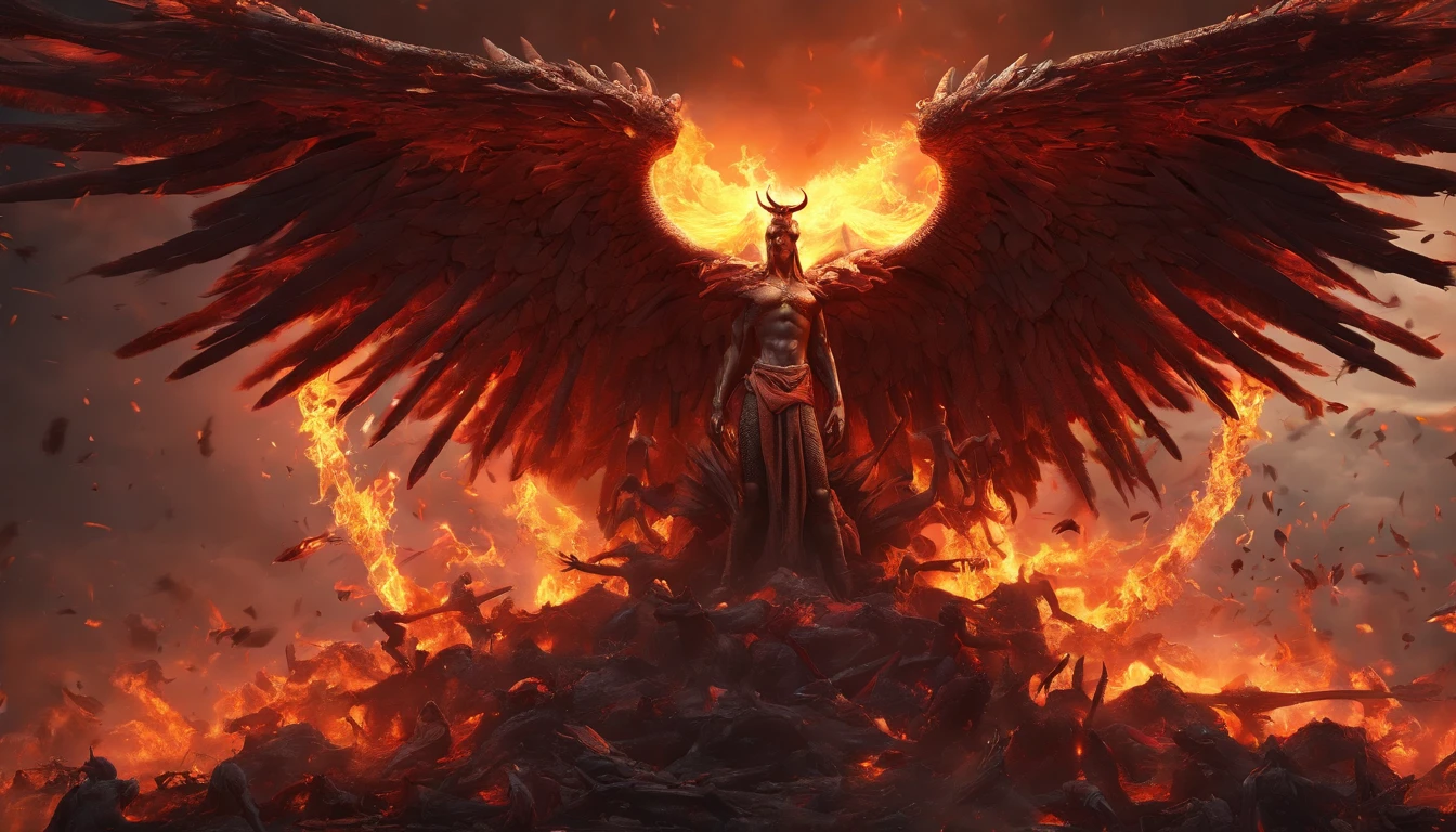 best quality,highres,photorealistic,artistic representation of Satan leading fallen angels in their rebellion against God,detailed figures,imposing Satan with powerful presence,dark and intense atmosphere,wrathful and defiant fallen angels with menacing expressions,dramatic lighting with strong contrasts,fiery and turbulent background,rebellious spirit,ominous and apocalyptic setting,detailed and intricate angel wings,glowing eyes and glowing symbols of darkness,demonic figures and distorted forms,surreal elements,rich and vibrant colors,evoke a sense of epic struggle and confrontation,devastation and chaos,expression of evil and defiance,visual storytelling through dynamic composition and dramatic poses.