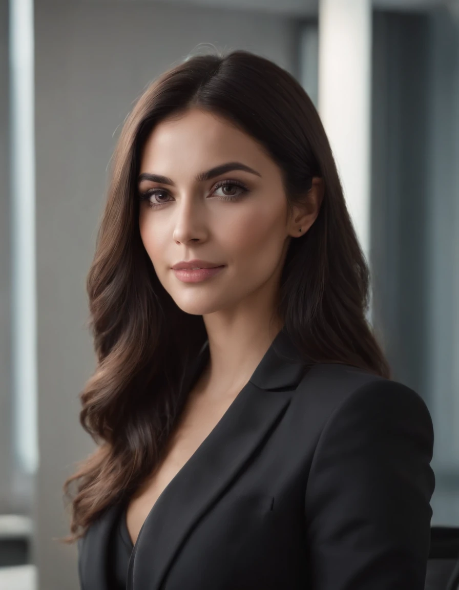 foto realista mulher morena sorrindo cabelos longos ondulados roupa de executiva, Black suit in office with face facing forward oval face