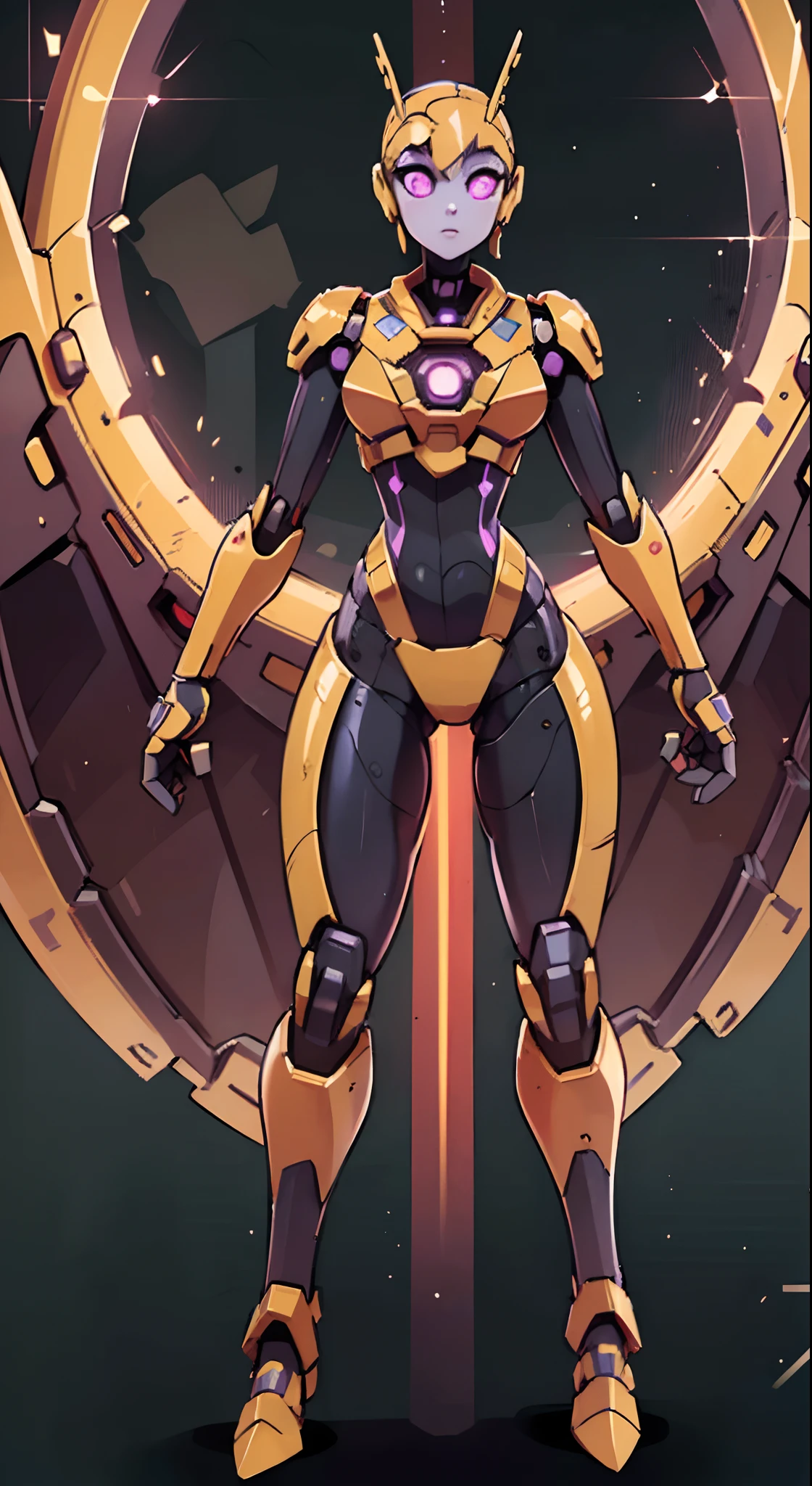 (Stand and pose with your whole body:1.5), Full body image of an alien robot with purple eyes and Mecha head, (extremely detailed CG unity 16k wallpaper:1.1), (colorful:1.2), Dynamic angle, (Denoising strength: 1.45), side lighting, lifelike texture, glowing light, UHD, award winning ceremony for Valkyries, heavenly, gorgeous