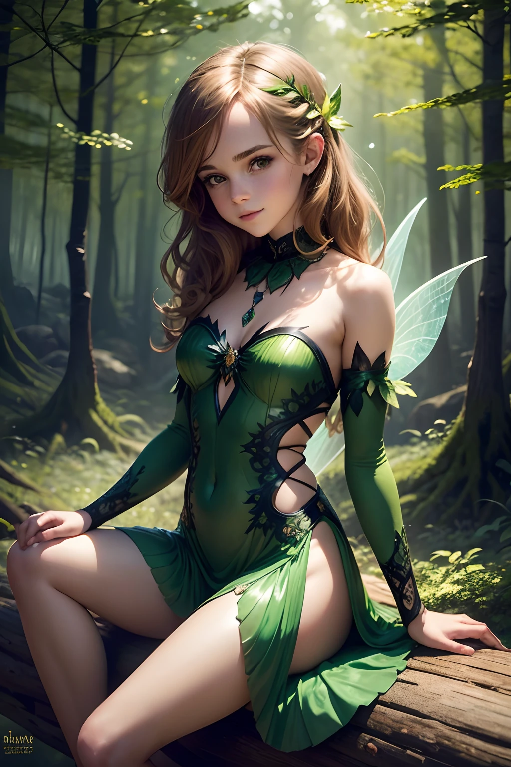  Emma Watson as a sexy fairy girl sitting on a log. tight intricate green costume. slender body. sexy smile. fantasy landscape. night. background forest. sparkly wings.
