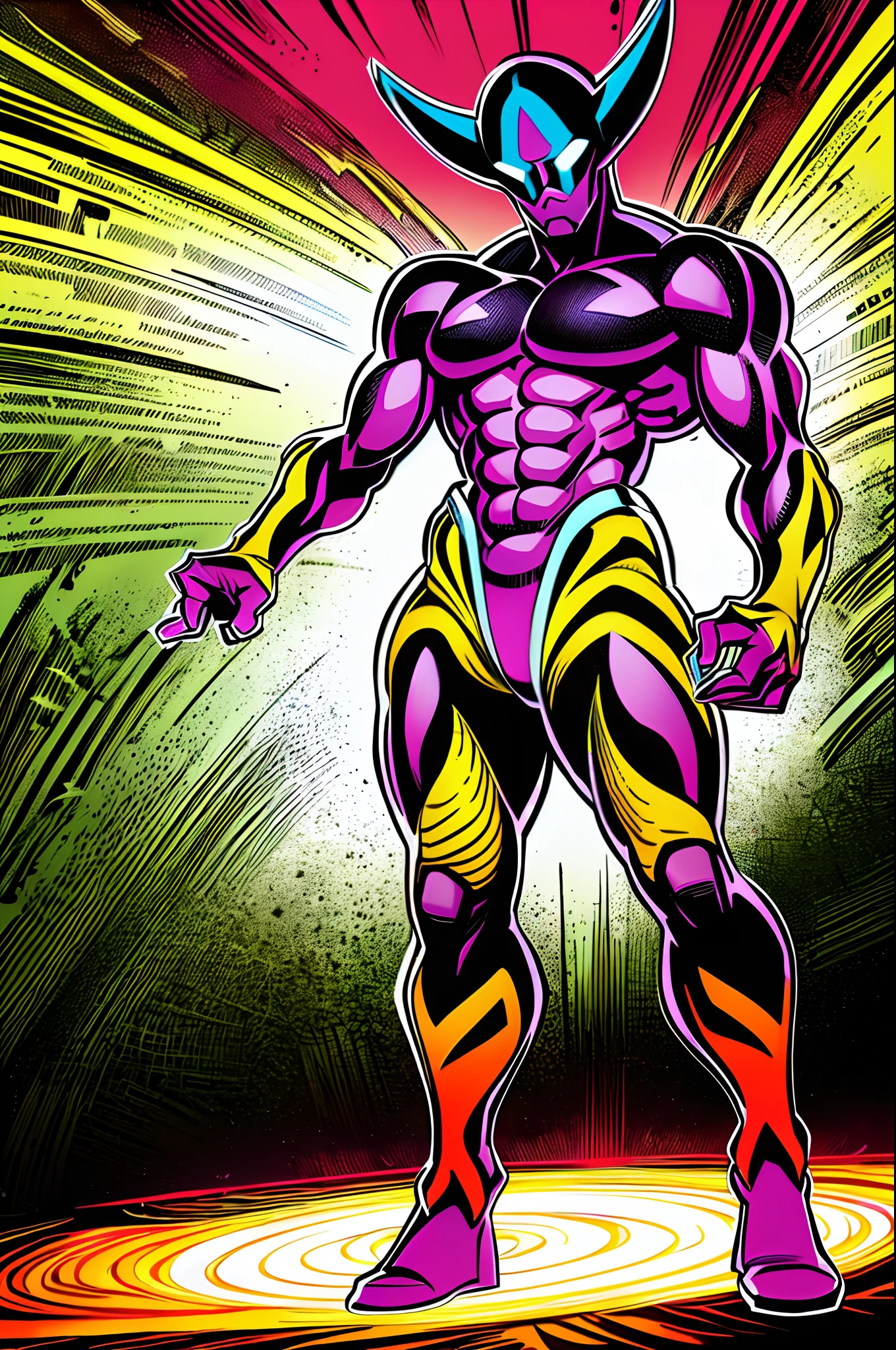 weird edgy superhero, standing, solo, full body, dark, mysterious, surreal, powerful, dramatic lighting, intense colors, comic book style, 60s
