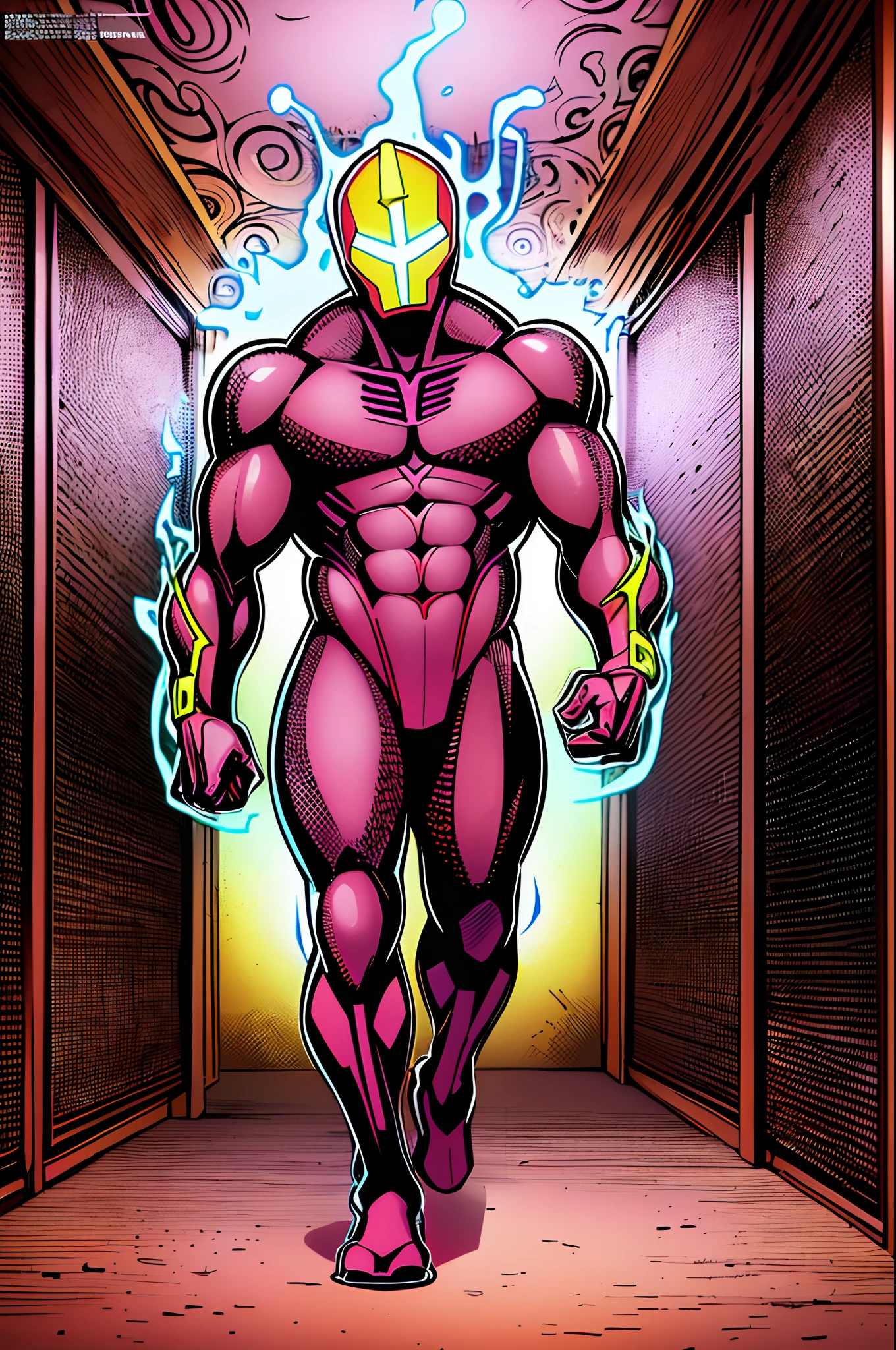 weird edgy superhero, standing, solo, full body, dark, mysterious, surreal, powerful, dramatic lighting, intense colors, comic book style, 60s