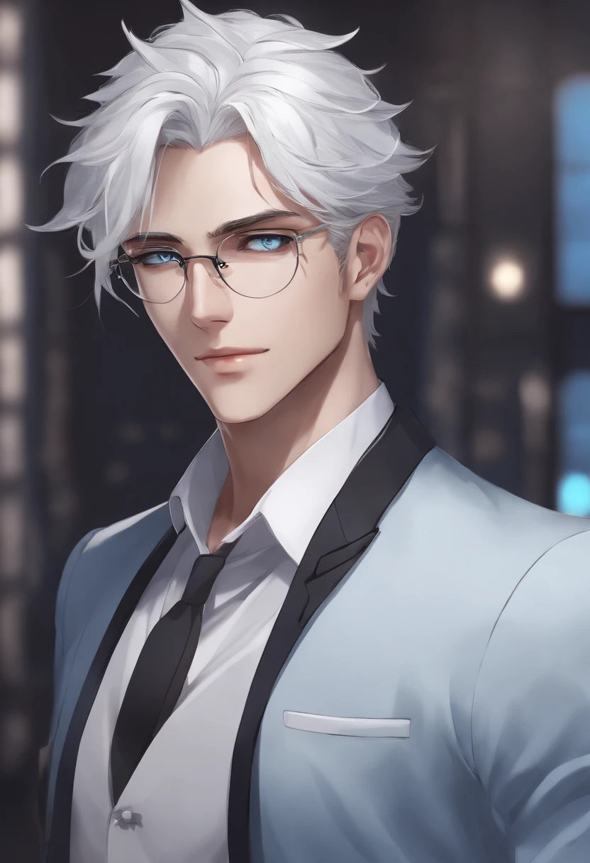 White-haired male anime character wearing blue-eyed glasses wearing the black suit
