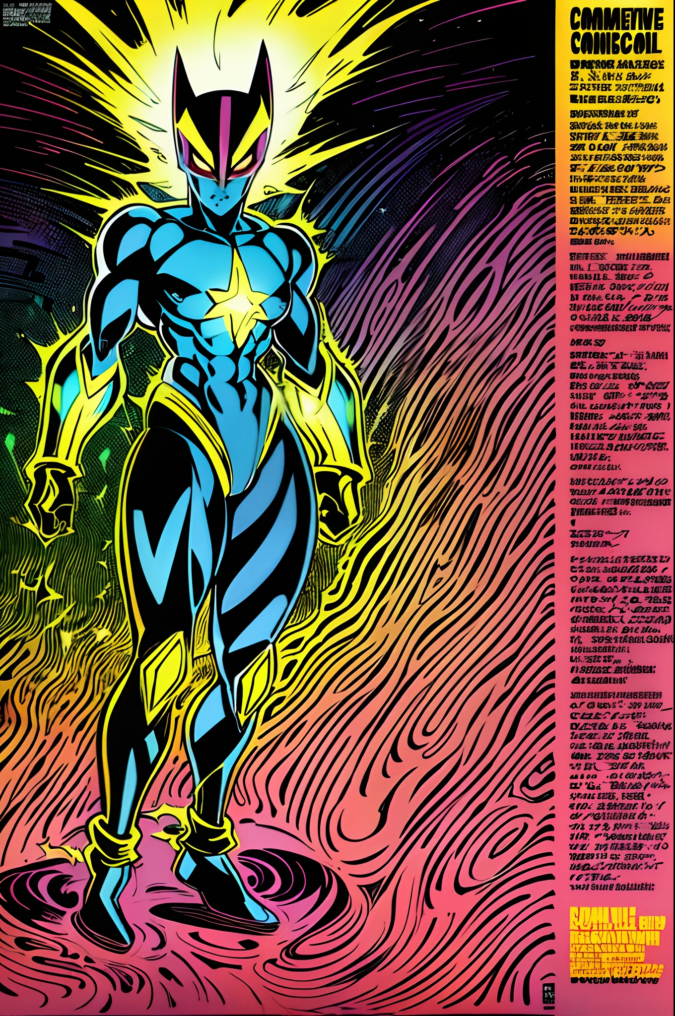 weird edgy superhero, standing, solo, full body, dark, mysterious, surreal, powerful, dramatic lighting, intense colors, comic book style, 60s