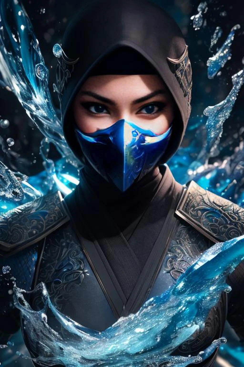 1girl, portrait of female cute mksubzero battle with group of ninja, glowing blue eyes, ice, blue, cold, energy, aura, swirl water, ornate, detail,