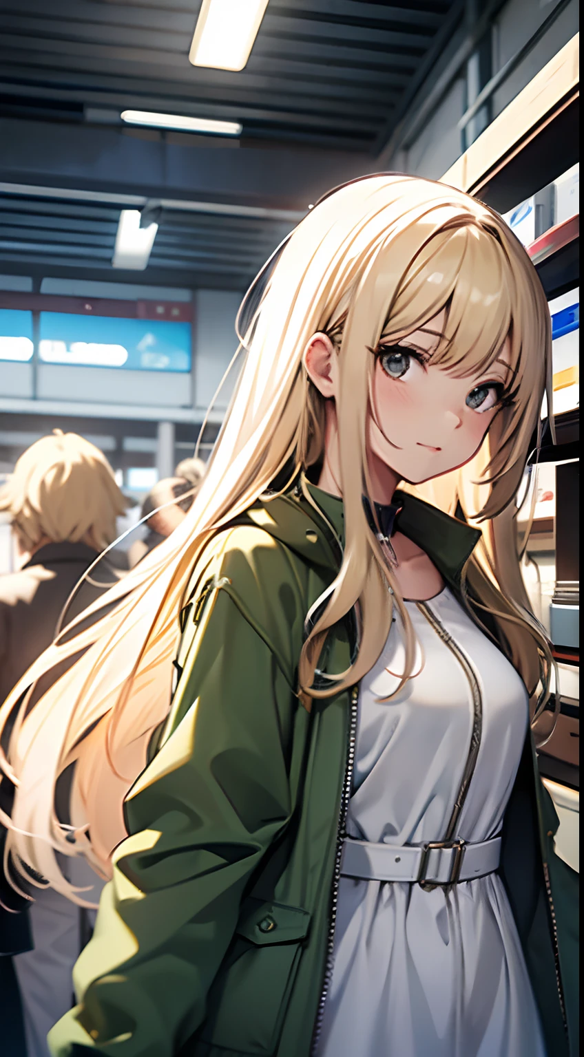 ((Miyuki)) blonde long hair, cute girl, white one piece dress, green jacket,