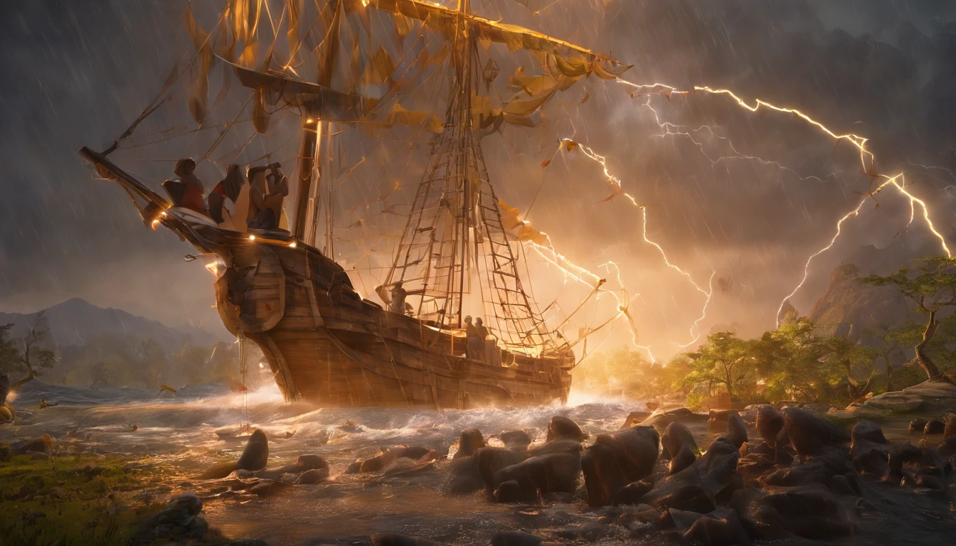 (best quality,highres),Noah,constructing the ark,storm,listening to the voice of God,biblical,illustration,detailed,dramatic,ominous,heavy rain,lightning,thunder,wild animals gathering,nature's wrath,dark clouds,gloomy atmosphere,giant wooden structure,divine intervention,drenched with rain,strong winds,faithful,devotion,solitary figure,graceful gestures,focused expression,ancient times,religious significance,divine communication,salvation,determination,architectural masterpiece,strong foundation,meticulous craftsmanship,biblical hero,faith,obedience,spiritual journey,lifesaving vessel,prophetic,preparation for disaster,faithful servant,fulfilling God's command,in obedience to God's will.